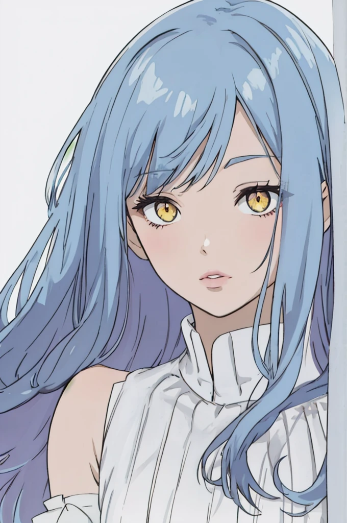 anime style, 1girl, light blue hair, long hair, yellow eyes, white sleeveless dress, light purple sleeves, lips,, portrait,, white background, sleepy eyes