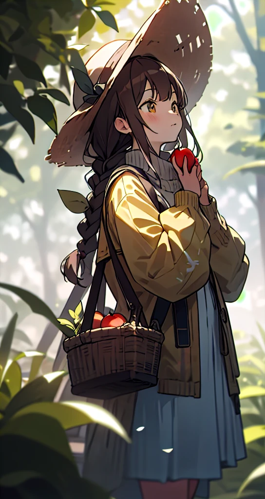 1girl, food, solo, fruit, holding food, holding, long hair, brown hair, holding fruit, outdoors, long sleeves, yellow headwear, branch, tree, hat, blurry, apple, closed mouth, brown eyes, day, bangs, looking up, hands up, jacket, leaf, standing, cowboy shot, plant, depth of field, blurry background, coat, braid, basket, green headwear, yellow jacket, looking away, sweater, dappled sunlight,