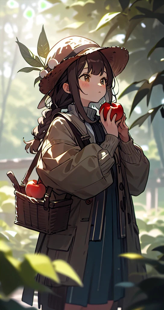 1girl, food, solo, fruit, holding food, holding, long hair, brown hair, holding fruit, outdoors, long sleeves, yellow headwear, branch, tree, hat, blurry, apple, closed mouth, brown eyes, day, bangs, looking up, hands up, jacket, leaf, standing, cowboy shot, plant, depth of field, blurry background, coat, braid, basket, green headwear, yellow jacket, looking away, sweater, dappled sunlight, 