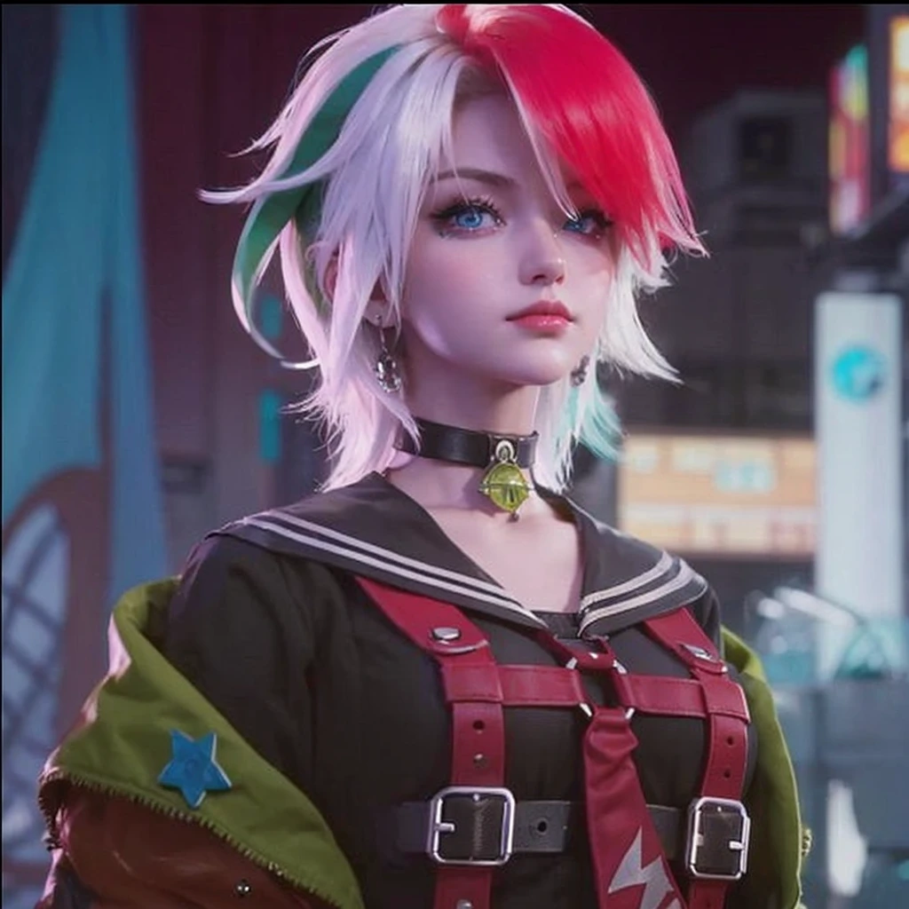 A beautiful woman. 20s. Blonde hair and blue eyes. Short hair. She is looking at the camera with a defiant expression. She wears a silver metallic battle uniform. There is something on his waist that is reminiscent of Kamen Rider's transformation belt. In her background is an image of outer space and a giant space battleship. A masterpiece.