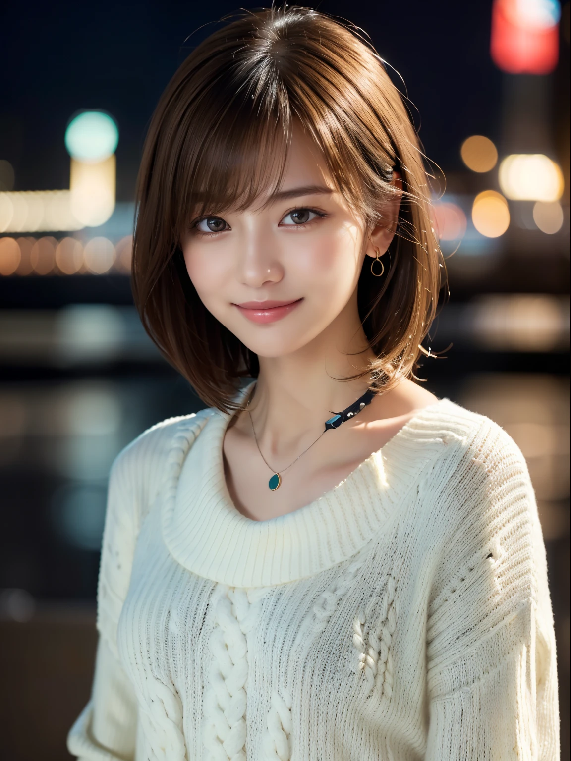 1 girl,(ivory sweater:1.4),(necklace around neck:1.2), (RAW photo, highest quality), (realistic, Photoreal:1.4), table top, very delicate and beautiful, very detailed, 8k wallpaper, wonderful, finely, very detailed CG Unity, High resolution, soft light, Beautiful detailed 19 year old girl, very detailed目と顔, beautifully detailed nose, finelyて美しい目,cinematic lighting,night city lights,perfect anatomy,slender body,smile  (asymmetrical bangs, light brown hair,)