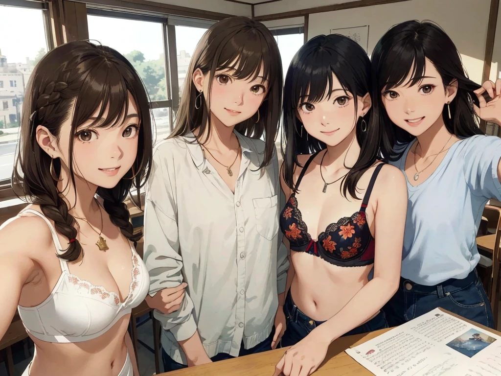 Magazine Cover、Magazine gravure(Highest quality、masterpiece、High resolution)、(Sargent-style watercolor)、(Anime Art)、Old school building、Old classroom、School in a wooden school building、((Multiple women、Everyone is standing, Alongside))、(Detailed depiction of a beautiful face)、A kind smile、long hair、Medium Short Hair、Dark Brown Hair、Braiding、、、Cinematic Light、Soft sunlight blur background、White bra and underwear set、Or a set of black bra and underwear、Or a set of red bra and underwear、Or a set of blue bra and underwear、Or wearing a purple bra and underwear set, Or a set of orange bra and underwear、Floral bra、Floral underwear(1.8)。
information(Highest quality:1.2)、Very detailed、High resolution、masterpiece:1,2、Bright colors、Bokeh、Professional Lighting、Physically Based Rendering、Flat Color:0.8、Fine Illustration、Realistic:1.37、Makoto Shinkai style、Name Style、Light Brown Hair、Elegant update、Short Bob、Three young women in casual clothes、Laugh together、Dynamic poselip、cheek(Dark Brown Hair/)bangs、cheek(direction)、(最高masterpiece1.2)繊細なイラストVery detailed、Break Blue Sky、Detailed Background、20-year-old female、whole bodyが写る、A shy smile、Through clenched teeth、Through clenched teeth、lip、cheek(Flat Color: 0.8)、(masterpiece: 1,2)、(masterpiece: 1,2)、High resolution、超High resolution、Highest quality、High resolution、Ultra-thin illustration、Makoto Shinkai style、Your Name is Style、long hair、Short Bob、necklace、Earrings、Dynamic pose、Selfie、whole body、Brown Hair、Braiding、Hair Bun、ponytail・Hair Bunスタイル、necklace、Valletta、ribbon、Earringsアニキュア,。