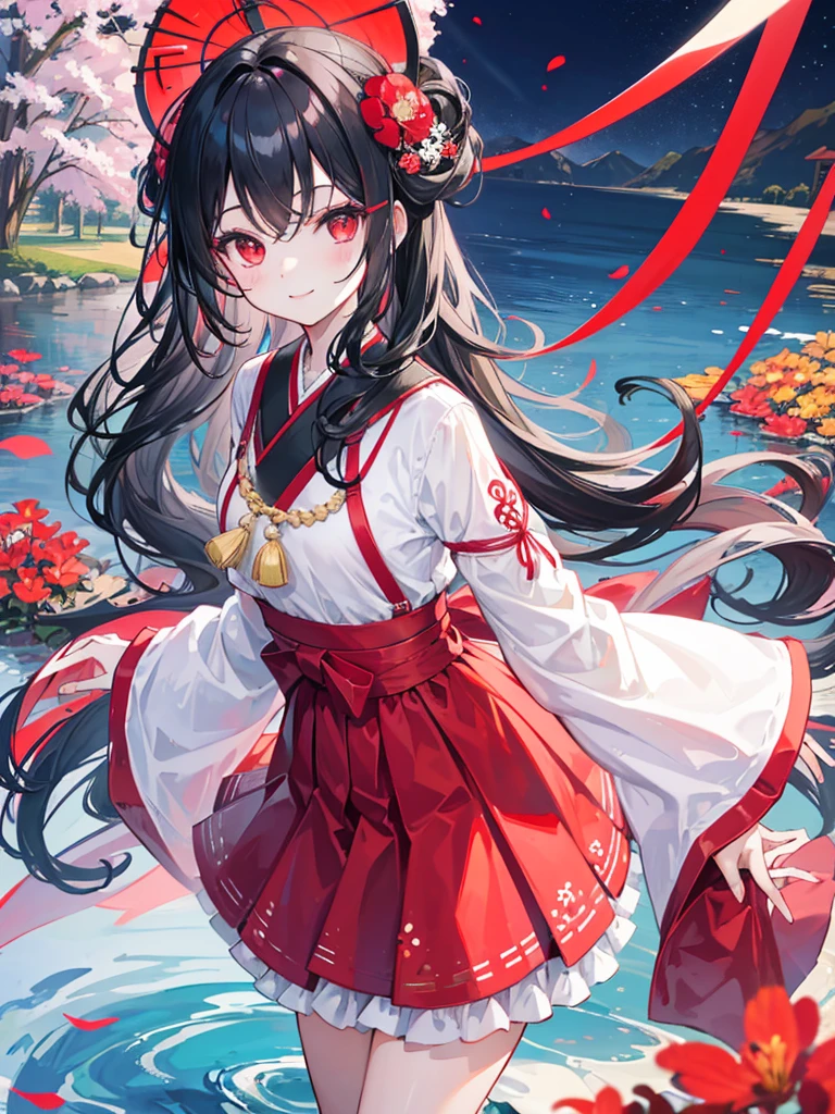 , red eyes, long wavy curry black hair, kid, smile, background in lake garden. Wear a flower-shaped hairpin on only one side. background and outfit modern western! Her hair is tied on the side. in japanese lake