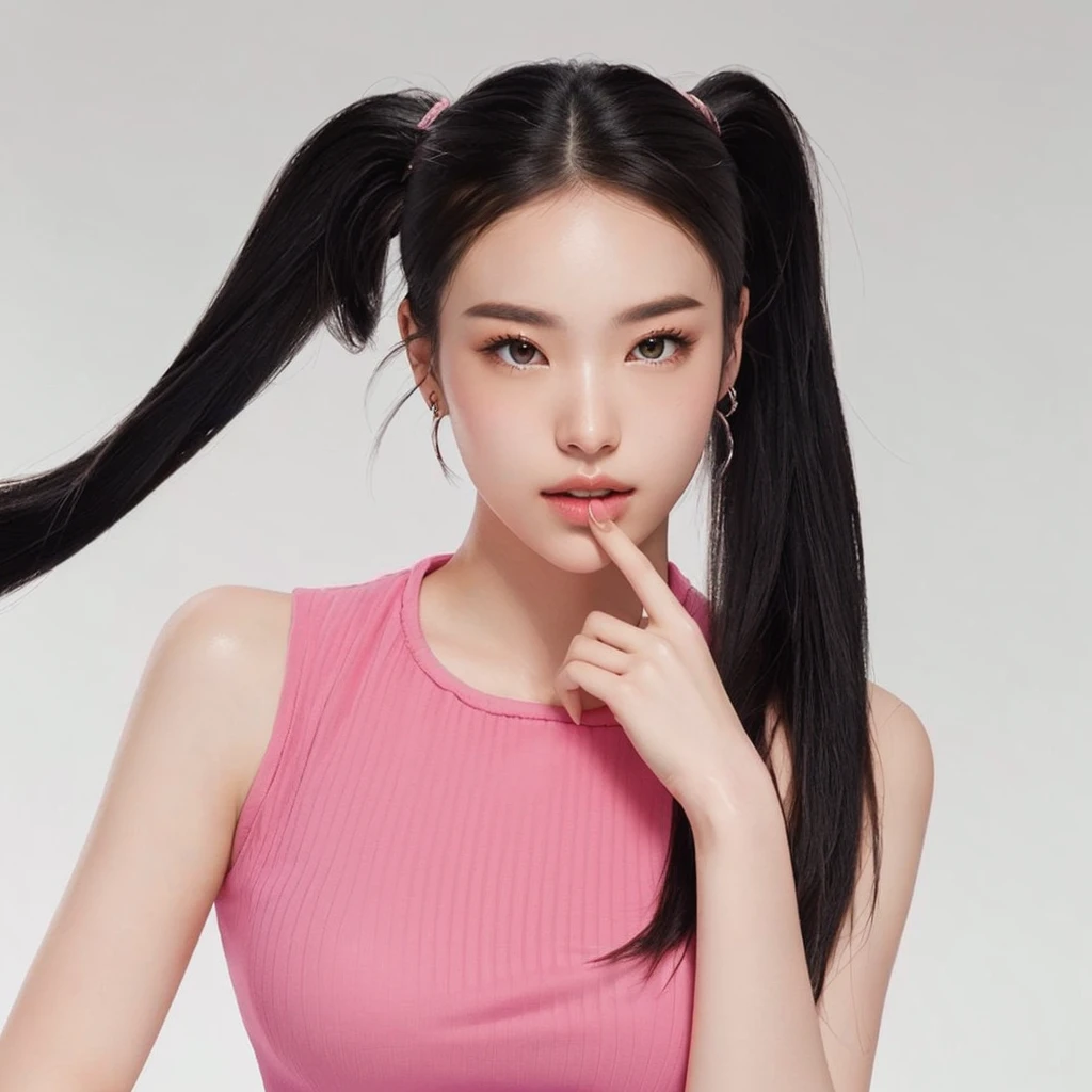 a close up of a 2D with a ponytail in a pink top