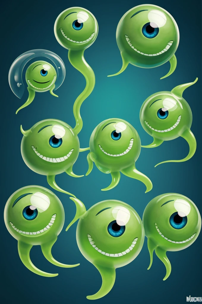 Here is a description of an original monster in the style of Monsters Inc.. in 50 words:

blob: Gelatinous and translucent, changes color according to your mood. Six retractable eyes on flexible stems. Moves by rolling or stretching. Produces bubbly sounds when speaking. Habilidad para dividirse en mini-blobs y reagruparse. Shy but friendly. specialty: scare by making grotesque shapes with your moldable body.