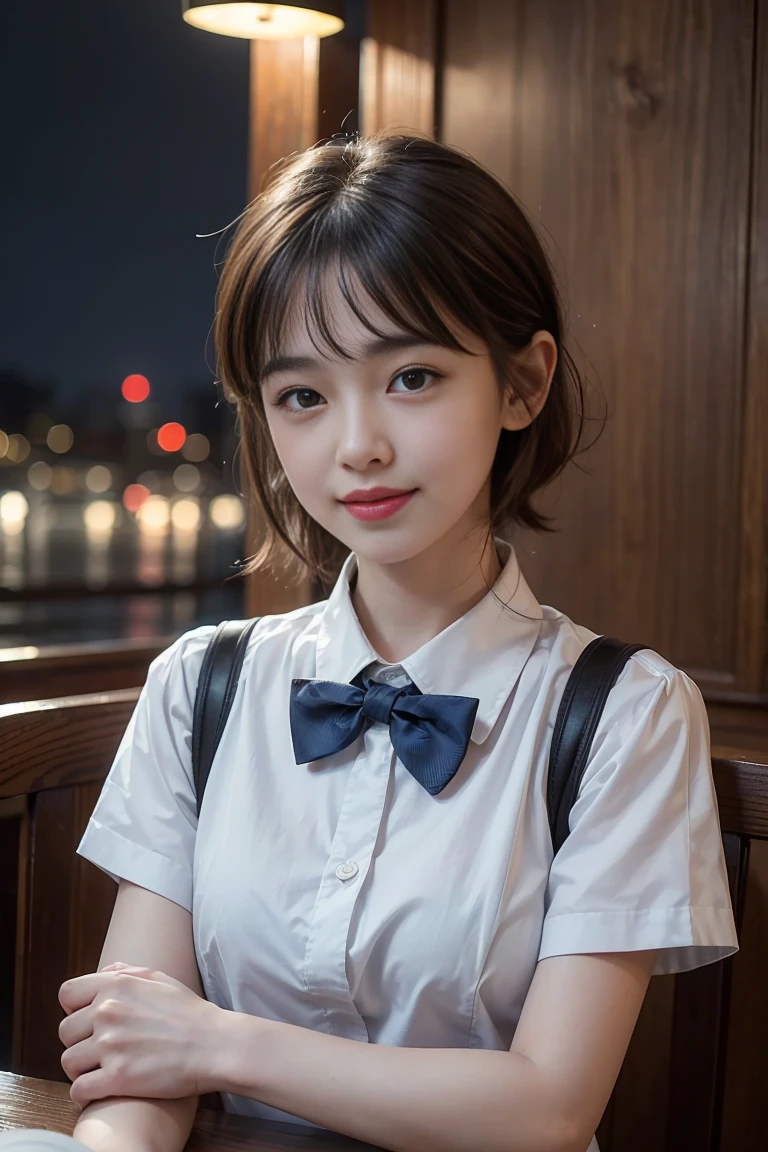 (8K, RAW Photos, Highest quality, masterpiece:1.2), (Realistic, photo-Realistic:1.37), Very detailed, 1 Girl,cute, alone,Beautifully detailed skies,Detailed Cafe,night,Sitting,date,(Red Nose),(smile:1.1),(Mouth closed), Medium Chest,Beautiful attention to detail,(Collared shirt:1.1), bow tie, blue short,(Medium Hair:1.2),Floating Hair