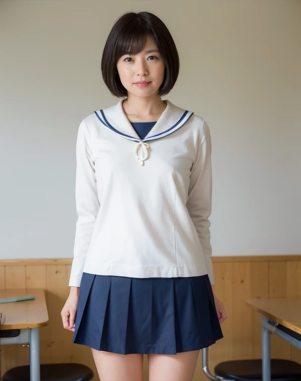 Highest品質, Face Focus, Soft Light, Ultra-high resolution, (Realistic:1.4), RAW Photos,1 Japanese girl, alone, cute, (A shy smile:0.5), (Iris, light in your eyes),  Beautiful face in every detail,,(High resolution detail of human skin texture),(Short Bob Hair),In the classroom,Japanese Sailor Suit, Highest, skirt
