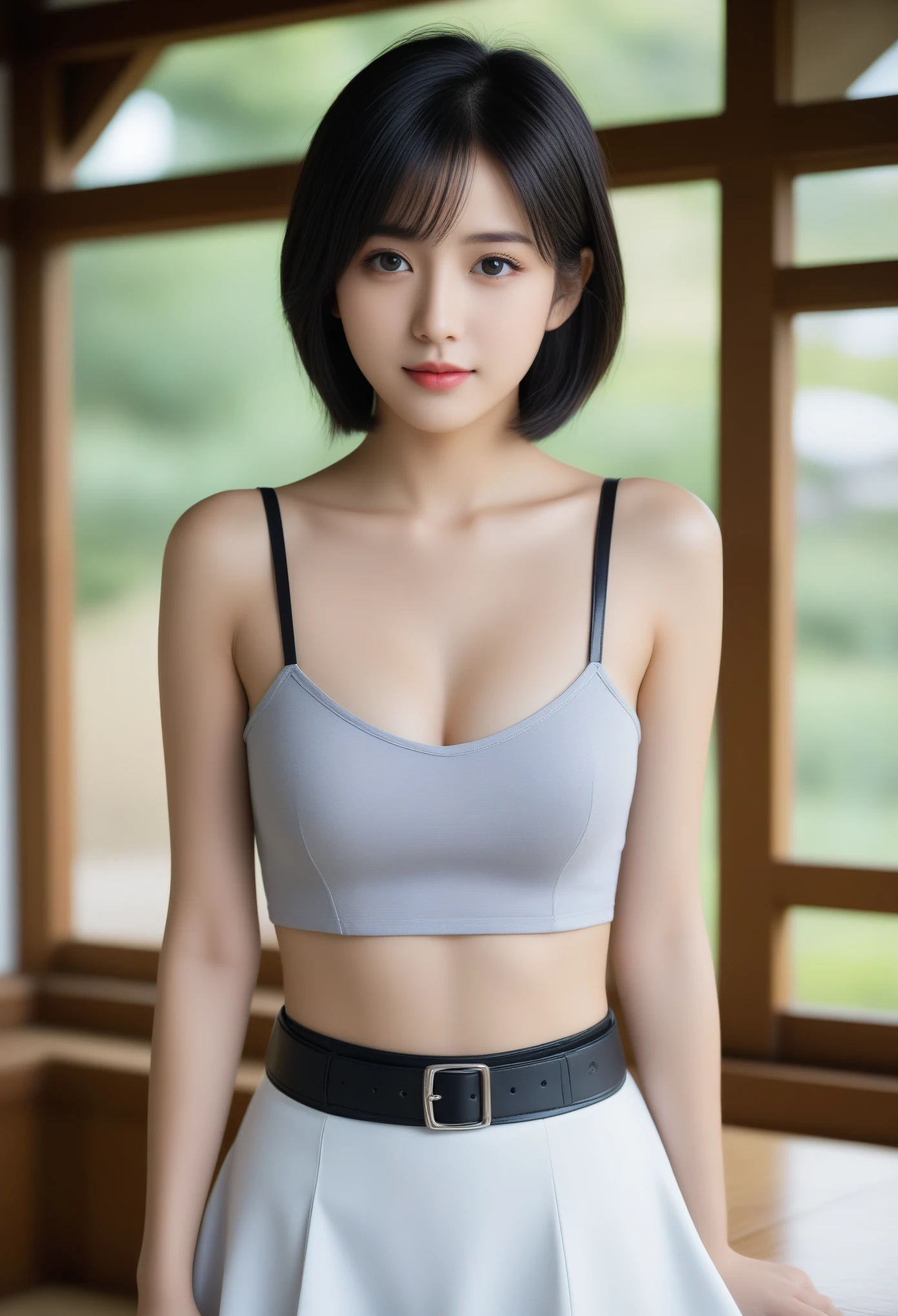 8K, Ultra-high resolution, Highest quality, masterpiece, 三分割法によるphotograph,Surreal, photograph, 1 Girl, (:1.3), pretty girl, Cute face, Beautiful eyes in every detail, 細かくdetailedに,masterpiece,, One Girl:1.2, Japan Female Announcer,whole body,(Absurd, High Fantasy Art, Best HD images, 注意深くdetailedに, 非常にdetailedな特徴と質感), Solo Character, 16 years oldhas short black hair, Purple eyes with black pupils, Flat Chest, Slim texture, Very thin lips, White skin, (Scottish short skirt, Grey Leather Shirt, silver meral belt between her Scottish short skirt and belly), Confident pose, Very serious face, No Sense of Humor Irish Wooden Cottage with Ancient Greek and Celtic Furniture, Attractive thighs, Sensual,A carefree smile,Heal the heart,Black Hair,Short Bob,Looking at the audience、beauty,Long neck、Laugh a little、Please close your mouth and laugh、(((Ideal body type))),A cup small breasts :2,、Portraiture:2、Perfect Anatomy、鮮明なdetailed、detailed、Surreal、Light and shadow,Strong light