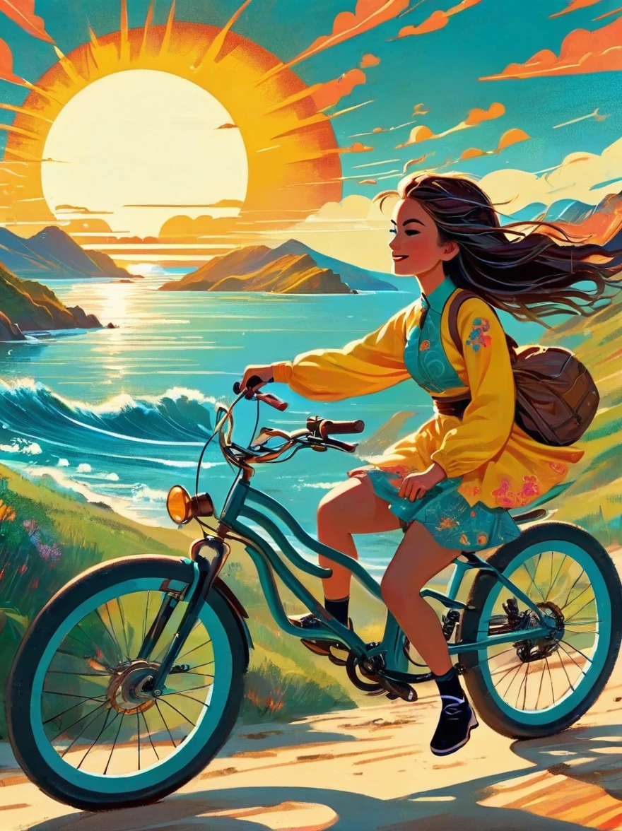 (A girl riding a mountain bike chasing the sun along the coastline), in the Star Art Troupe (Star) style, Joyful figurative art, Flowing lines, style bright bold color palette, post-internet aesthetics, Color animation static, trip, Romantic illustration, Full of hidden details, Graphic design inspired illustration