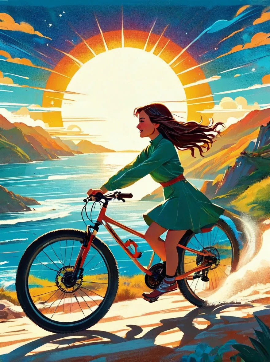 (A girl riding a mountain bike chasing the sun along the coastline), in the Star Art Troupe (Star) style, Joyful figurative art, Flowing lines, style bright bold color palette, post-internet aesthetics, Color animation static, trip, Romantic illustration, Full of hidden details, Graphic design inspired illustration