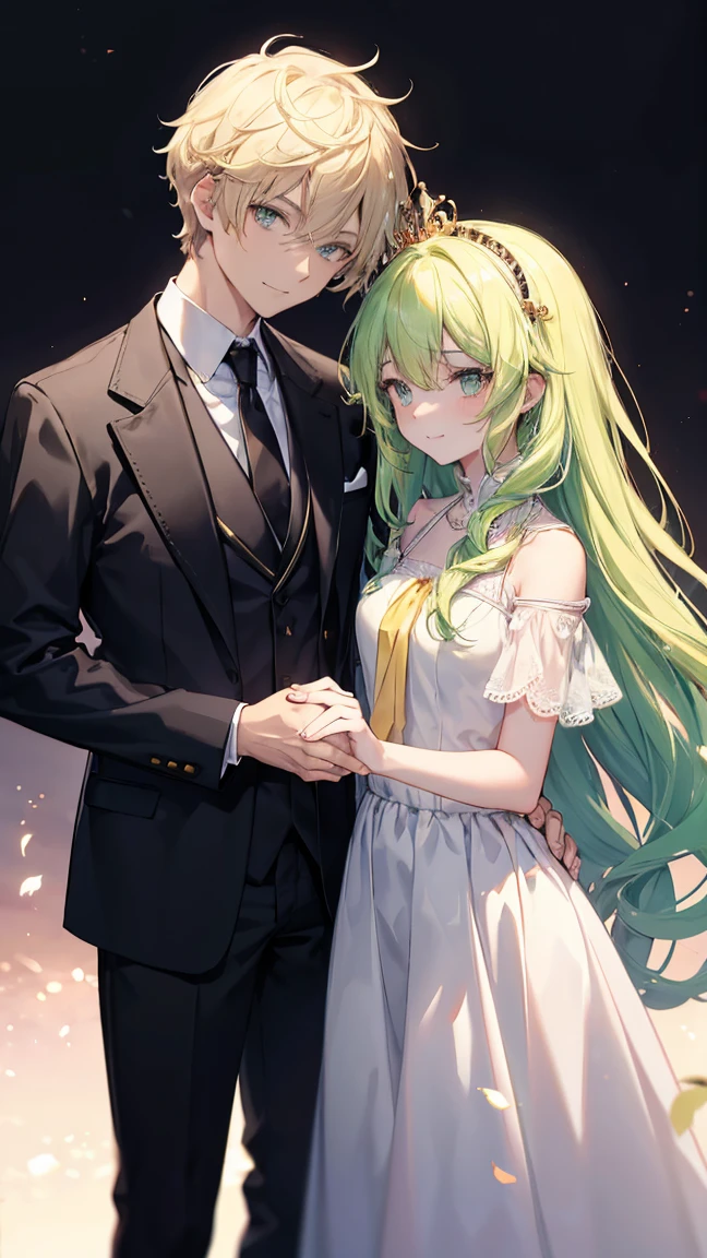 Man with light green eyes, tousled light green hair. Dressed in a white shirt and black tie, black pants and a small golden crown on his head. flirtatious smile. Holding the hand of a white-skinned woman, fuchsia eyes, long wavy hair with fuccia pink open front and dressed in a yellow t-shirt and black pants, a small golden crown rests on his head. beautiful poses, Good quality, romantic background, lovers, Couple,