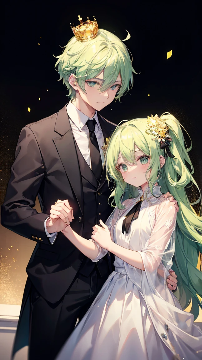 Man with light green eyes, tousled light green hair. Dressed in a white shirt and black tie, black pants and a small golden crown on his head. flirtatious smile. Holding the hand of a white-skinned woman, fuchsia eyes, long wavy hair with fuccia pink open front and dressed in a yellow t-shirt and black pants, a small golden crown rests on his head. beautiful poses, Good quality, romantic background, lovers, Couple,
