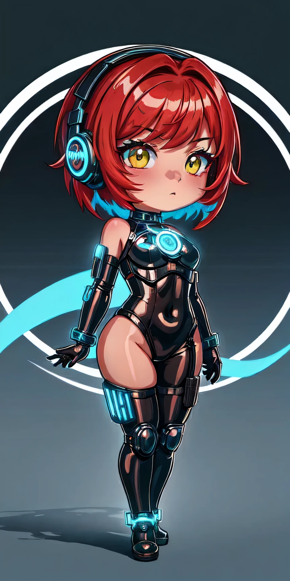 1girl in, android, Cyberpunk, red hair, cyan and yellow eyes, Short hair, White breastplate, Black headphones, Mechanical black glossy metallic Bodysuit, Bare shoulders, Glossy, shiny material,chibi emote, chibi character, cyberpunk city,