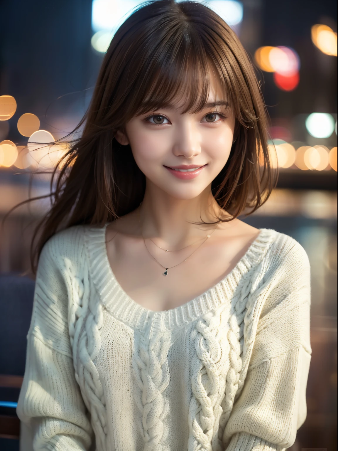1 girl,(ivory sweater:1.4),(necklace around neck:1.2), (RAW photo, highest quality), (realistic, Photoreal:1.4), table top, very delicate and beautiful, very detailed, 8k wallpaper, wonderful, finely, very detailed CG Unity, High resolution, soft light, Beautiful detailed 19 year old girl, very detailed目と顔, beautifully detailed nose, finelyて美しい目,cinematic lighting,night city lights,perfect anatomy,slender body,smile (asymmetrical bangs, light brown hair,)