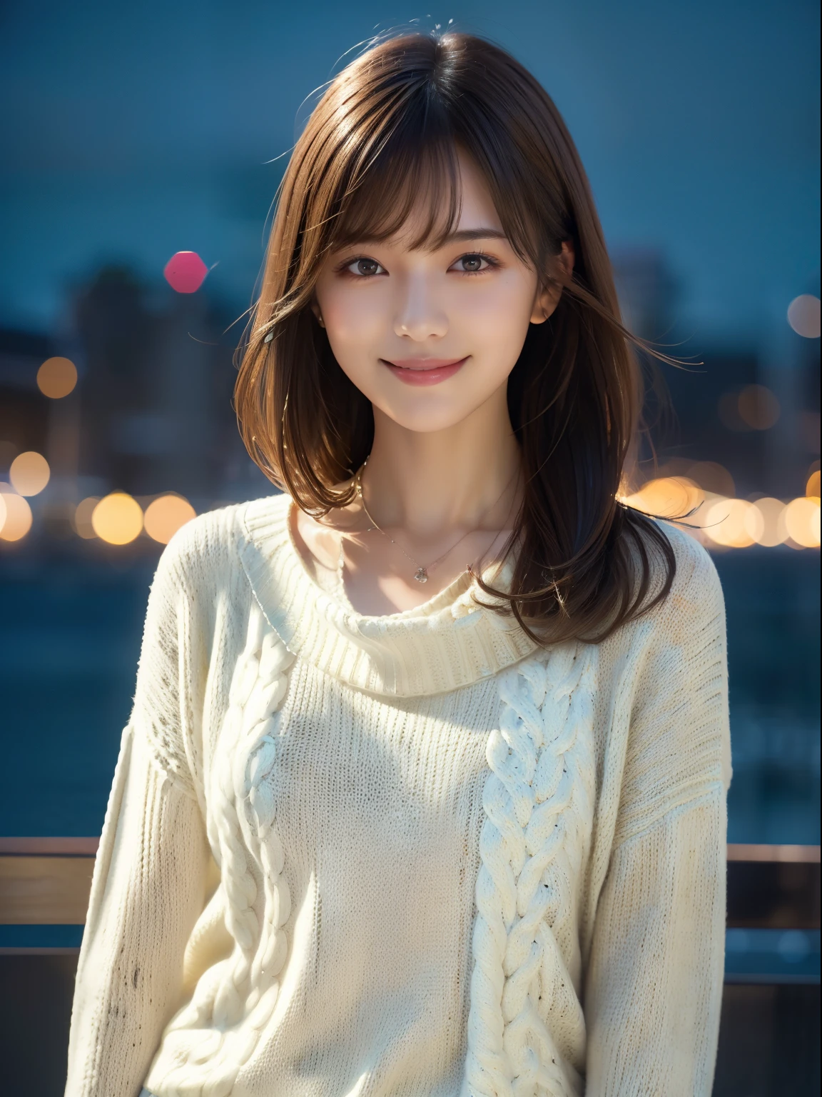 1 girl,(ivory sweater:1.4),(necklace around neck:1.2), (RAW photo, highest quality), (realistic, Photoreal:1.4), table top, very delicate and beautiful, very detailed, 8k wallpaper, wonderful, finely, very detailed CG Unity, High resolution, soft light, Beautiful detailed 19 year old girl, very detailed目と顔, beautifully detailed nose, finelyて美しい目,cinematic lighting,night city lights,perfect anatomy,slender body,smile  (asymmetrical bangs, light brown hair,)