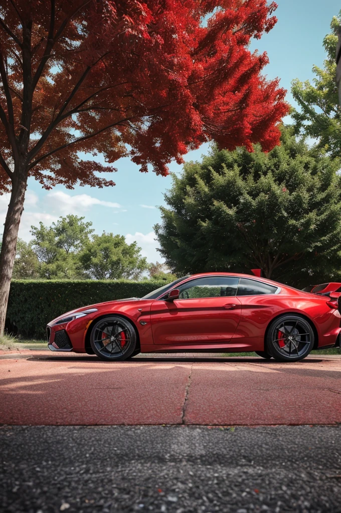 a red car parked on a brick road in front of a tree, 8 k highly detailed ❤🔥 🔥 💀 🤖 🚀, red car, hyper realistic style, dominating red color, sports car, wide body, sport car, f32, f 3 2, chrome red, vibrant red, realistic cars, metallic red, red theme, auto photography, profile pic
