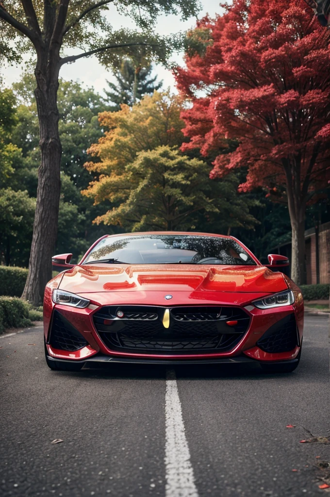 a red car parked on a brick road in front of a tree, 8 k highly detailed ❤🔥 🔥 💀 🤖 🚀, red car, hyper realistic style, dominating red color, sports car, wide body, sport car, f32, f 3 2, chrome red, vibrant red, realistic cars, metallic red, red theme, auto photography, profile pic