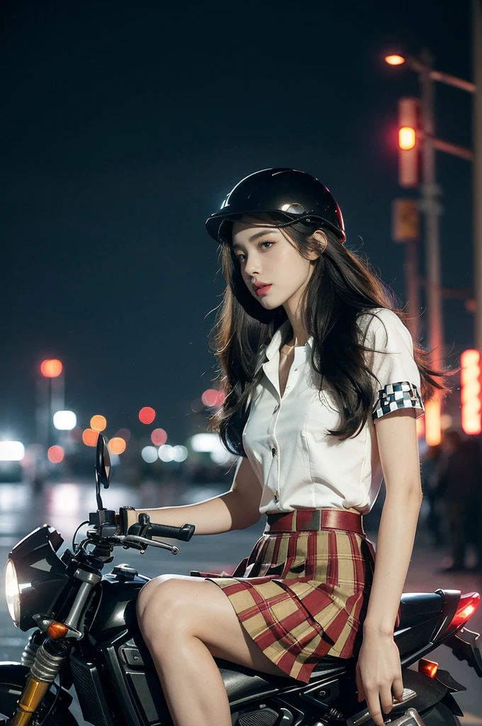 (((best quality))),(((ultra detailed))),(((masterpiece))),illustration,(1 beautiful girl,solo),((slim,thin)),((small breasts,flat chest)),(safety helmet:1.3),shoulder length straight hair,slender legs,cyberpunk, urban street,high school student, JK outfit,(riding on a motorcycle:1.3), sleek, (white collared short-sleeved shirt:1.3), (red checkered pleated skirt:1.3),(pantyhose:1.3), stylish boots, confidence, determination, dark streets,neon lights, skyscrapers, urban noises, traffic, sirens, city sounds, futuristic, dystopian society, technology, fashion, explosive cocktail, style, , modernity, attitude, spirit, anything is possible,from front