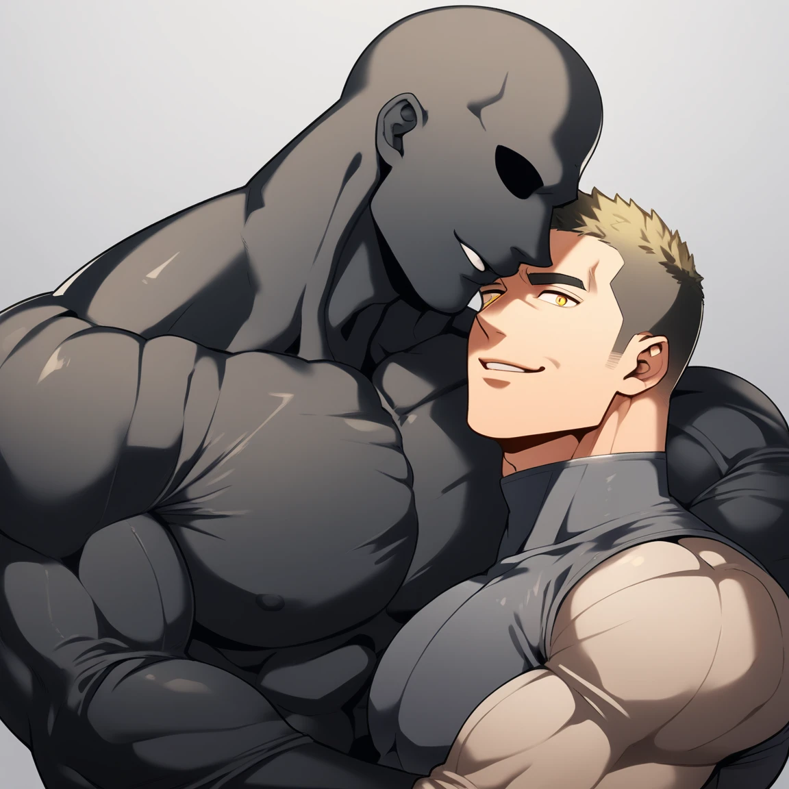 anime characters：Two superheroes in tights, Muscle Sports Student and Muscle No Face No Eyes skinhead superhero, No Face，negro black skin, They hugged and kissed each other, Bite your neck, Caress, Manliness, male focus, Yellow and black high collar long sleeve tight T-shirt, Slightly transparent material, Very tight, Round, full and perky chest muscles, Muscle waist, Slightly transparent, muscular male, muscular, only, Upper body, alone, Black short hair, Thick eyebrows, stubble, Yellow eyes, Grey background, simple background, amazing quality, best aesthetics, Ridiculous, bright pupils, crew cut, parted lips, seductive smile, torogao, naughty face, drop shadow, best quality