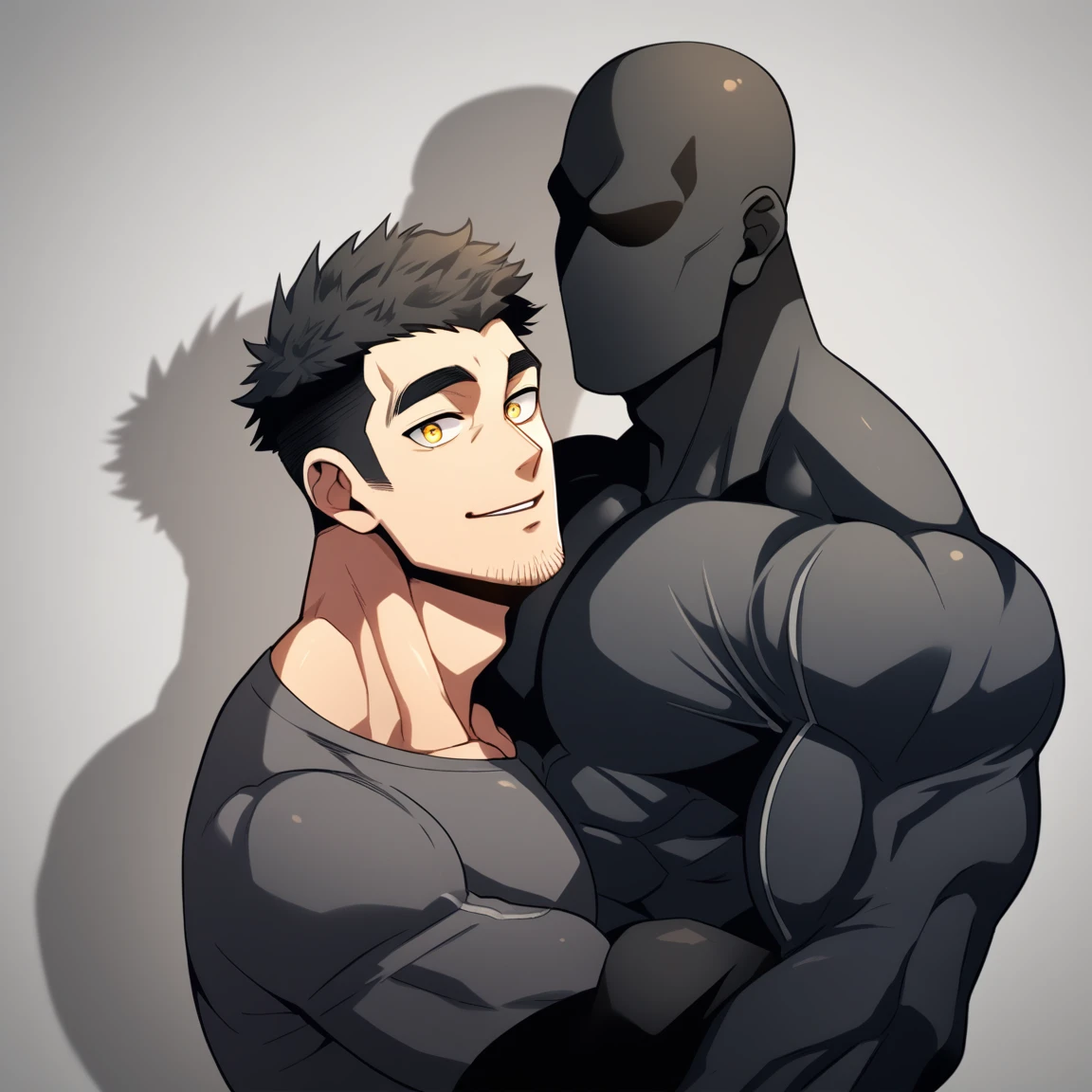 anime characters:Two superheroes in tights, Muscle Sports Student and Muscle No Face No Eyes skinhead superhero, No Face,negro black skin, They hugged and kissed each other, Bite your neck, Caress, Manliness, male focus, Yellow and black high collar long sleeve tight T-shirt, Slightly transparent material, Very tight, Round, full and perky chest muscles, Muscle waist, Slightly transparent, muscular male, muscular, only, Upper body, alone, Black short hair, Thick eyebrows, stubble, Yellow eyes, Grey background, simple background, amazing quality, best aesthetics, Ridiculous, bright pupils, crew cut, parted lips, seductive smile, torogao, naughty face, drop shadow, best quality