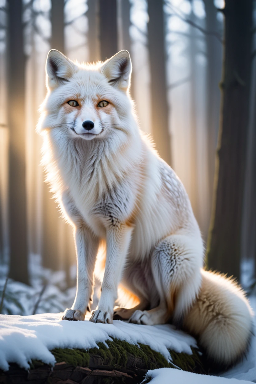 A majestic white fox stands tall amidst a deep, ancient forest, its nine tails gracefully spread out like a fan. Its piercing golden eyes gleam in the moonlight, casting an otherworldly glow upon its snow-white fur. The mystical aura of the creature radiates through the dimly lit woods, creating an atmosphere of awe and enchantment.

Additional details:

The fox's tails are long and flowing, each one tipped with a soft, fluffy brush.
Its fur is as white as freshly fallen snow, with no visible blemishes or imperfections.
Its eyes are large and almond-shaped, with an intelligent and knowing gaze.
The moon casts an ethereal glow upon the scene, bathing the fox in an otherworldly light.
The forest is shrouded in mystery, with towering trees and tangled undergrowth creating a sense of hidden depths.