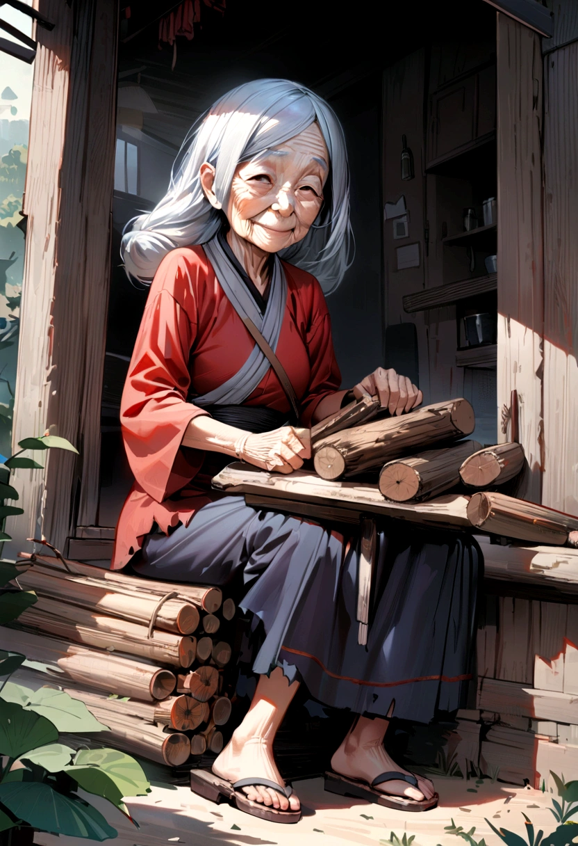 (masterpiece),(best quality),(ultra-detailed), (surrealism), an old Vietnamese woman, 90 years old, squinty face, gray hair, torn clothes, next to the kitchen firewood, vietnamese rural style,