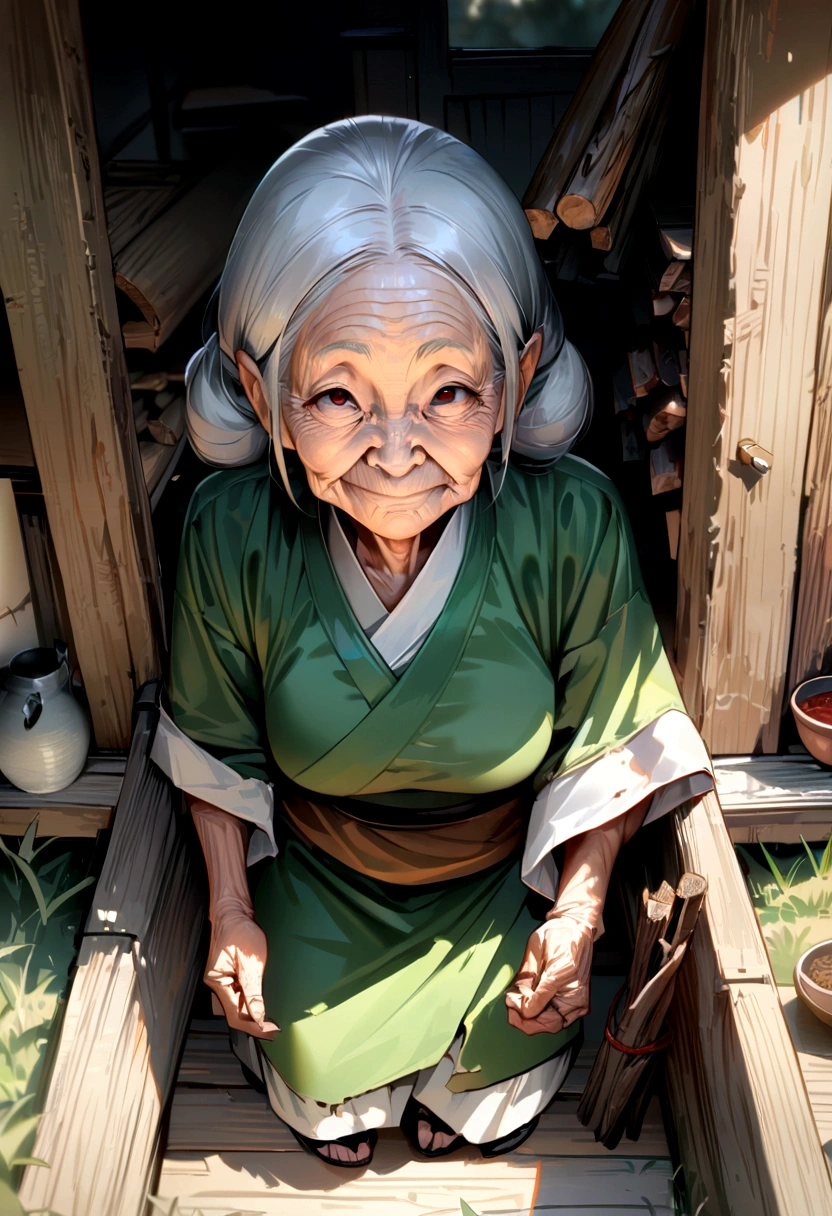 (masterpiece),(best quality),(ultra-detailed), (surrealism), an old Vietnamese woman, 90 years old, squinty face, gray hair, torn clothes, next to the kitchen firewood, vietnamese rural style,