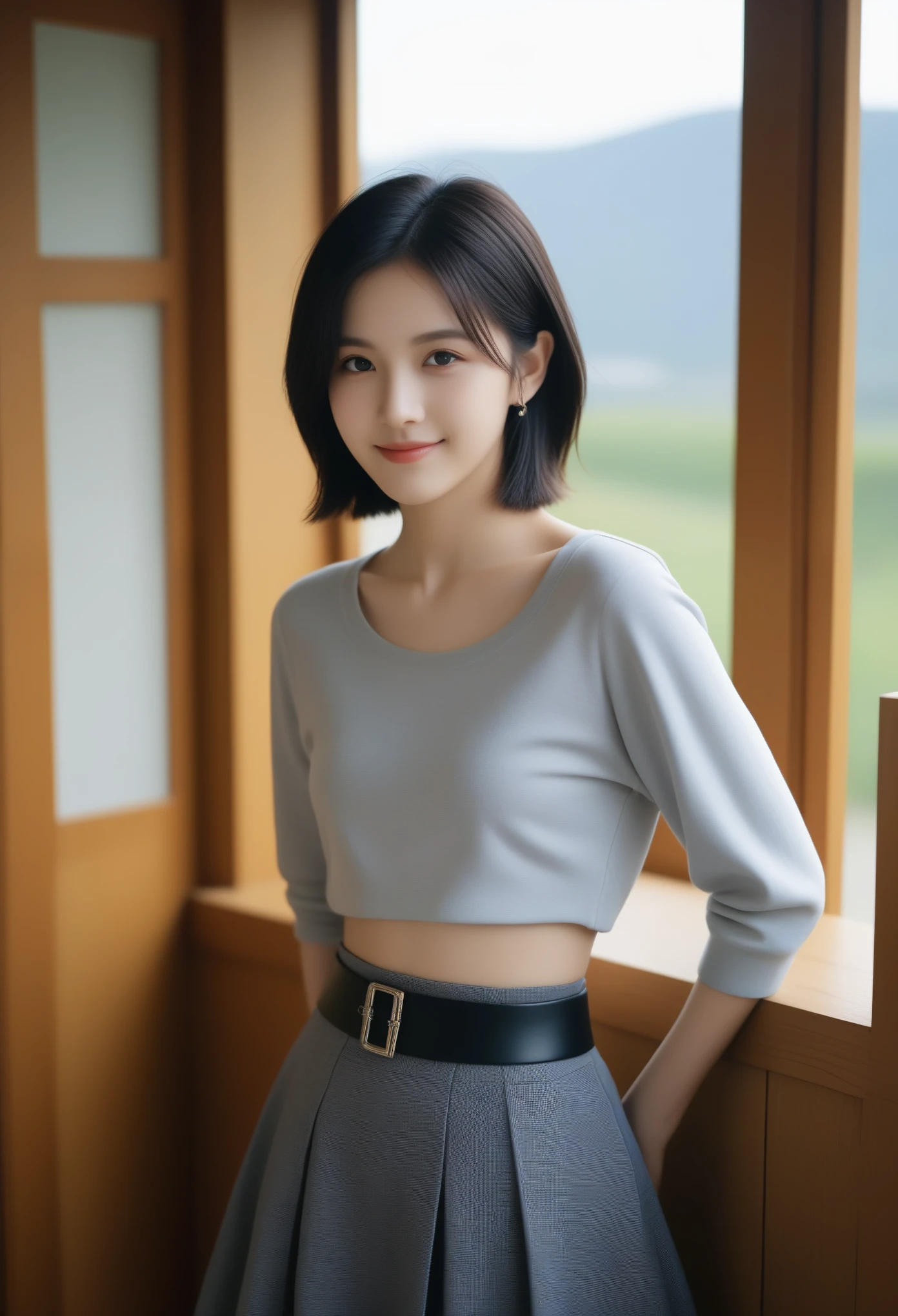 8K, Ultra-high resolution, Highest quality, masterpiece, 三分割法によるphotograph,Surreal, photograph, 1 Girl, (:1.3), pretty girl, Cute face, Beautiful eyes in every detail, 細かくdetailedに,masterpiece,, One Girl:1.2, Japan Female Announcer,whole body,(Absurd, High Fantasy Art, Best HD images, 注意深くdetailedに, 非常にdetailedな特徴と質感), Solo Character, 16 years oldhas short black hair, Purple eyes with black pupils, Flat Chest, Slim texture, Very thin lips, White skin, (Scottish short skirt, Grey Leather Shirt, silver meral belt between her Scottish short skirt and belly), Confident pose, Very serious face, No Sense of Humor Irish Wooden Cottage with Ancient Greek and Celtic Furniture, Attractive thighs, Sensual,A carefree smile,Heal the heart,Black Hair,Short Bob,Looking at the audience、beauty,Long neck、Laugh a little、Please close your mouth and laugh、(((Ideal body type))),A cup small breasts :2,、Portraiture:2、Perfect Anatomy、鮮明なdetailed、detailed、Surreal、Light and shadow,Strong light 