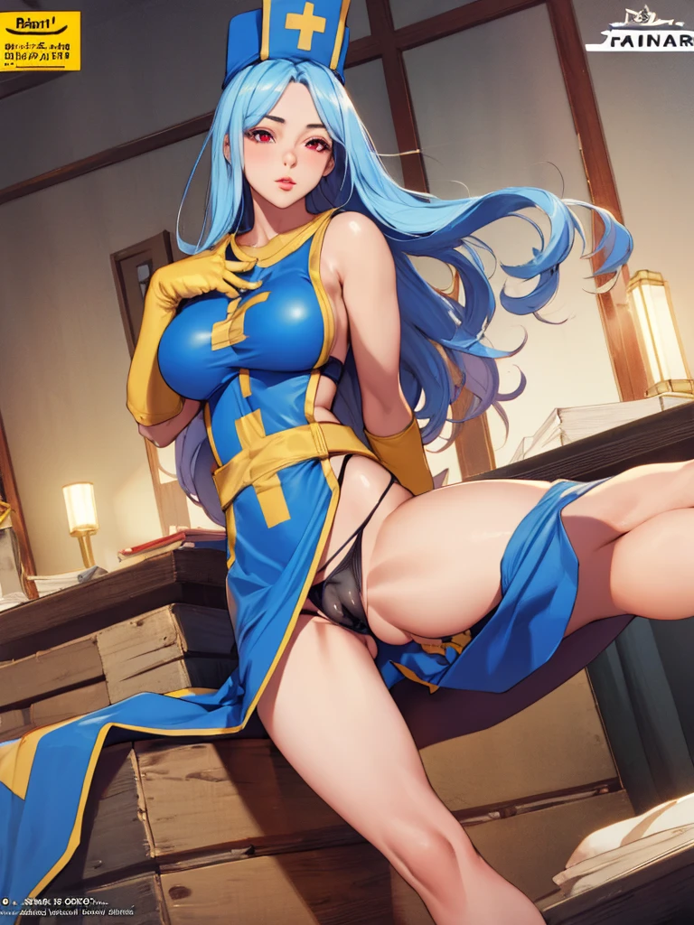 masterpiece,Highest quality, Unreal Engine, Super Resolution, Very detailed,
1 Girl, Waist, thin, (Muscular:0.8)
Round Breasts, Big Breasts, Bold,  Part your lips, Observe the audience,
, sexy pose
Waist shot,,
, Key Visual,
 Light blue hair, Red eyes, Long-haired monk \(dq3\)
,,Tabard Elbow Gloves((Spread your legs:1.3)),(Cameltoe:1.5)、(Sheer black panties:1.2)