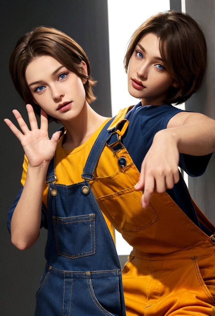 The image features a realistic character against a dark background. The character has short brown hair and blue eyes, wearing an orange jumpsuit with yellow overalls. They are waving their right hand towards the viewer. the character is a boy. In the image his entire body should appear. The character's pose is friendly and welcoming, making him realistic