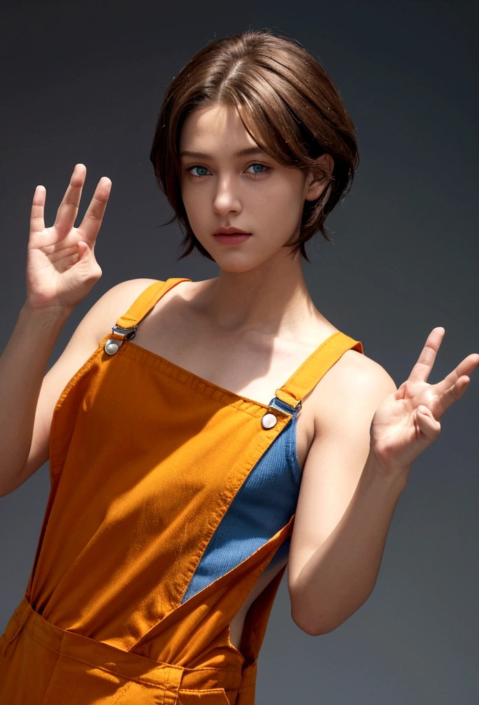 The image features a realistic character against a dark background. The character has short brown hair and blue eyes, wearing an orange jumpsuit with yellow overalls. They are waving their right hand towards the viewer. the character is a boy. In the image his entire body should appear. The character's pose is friendly and welcoming, making him realistic