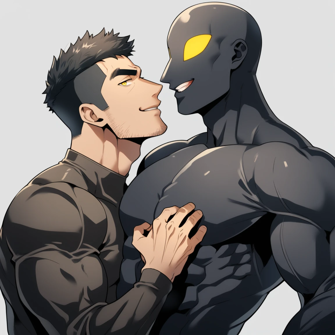 anime characters:Two superheroes in tights, Muscle Sports Student and Muscle No Face No Eyes skinhead superhero, No Face,negro black skin, They hugged and kissed each other, Bite your neck, Caress, Manliness, male focus, Yellow and black high collar long sleeve tight T-shirt, Slightly transparent material, Very tight, Round, full and perky chest muscles, Muscle waist, Slightly transparent, muscular male, muscular, only, Upper body, alone, Black short hair, Thick eyebrows, stubble, Yellow eyes, Grey background, simple background, amazing quality, best aesthetics, Ridiculous, bright pupils, crew cut, parted lips, seductive smile, torogao, naughty face, drop shadow, best quality