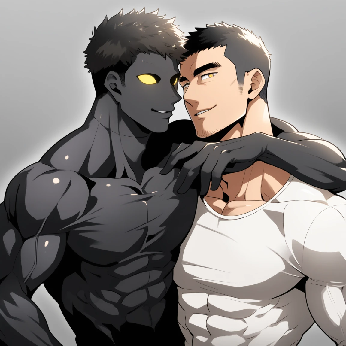 anime characters：Two superheroes in tights, Muscle Sports Student and Muscle No Face No Eyes skinhead superhero, No Face，negro black skin, They hugged and kissed each other, Bite your neck, Caress, Manliness, male focus, Yellow and black high collar long sleeve tight T-shirt, Slightly transparent material, Very tight, Round, full and perky chest muscles, Muscle waist, Slightly transparent, muscular male, muscular, only, Upper body, alone, Black short hair, Thick eyebrows, stubble, Yellow eyes, Grey background, simple background, amazing quality, best aesthetics, Ridiculous, bright pupils, crew cut, parted lips, seductive smile, torogao, naughty face, drop shadow, best quality