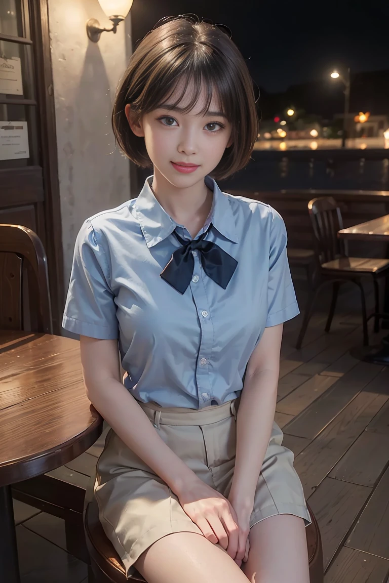(8K, RAW Photos, Highest quality, masterpiece:1.2), (Realistic, photo-Realistic:1.37), Very detailed, 1 Girl,cute, alone,Beautifully detailed skies,Detailed Cafe,night,Sitting,date,(Red Nose),(smile:1.1),(Mouth closed), Medium Chest,Beautiful attention to detail,(Collared shirt:1.1), bow tie, blue short,(Medium Hair:1.2),Floating Hair