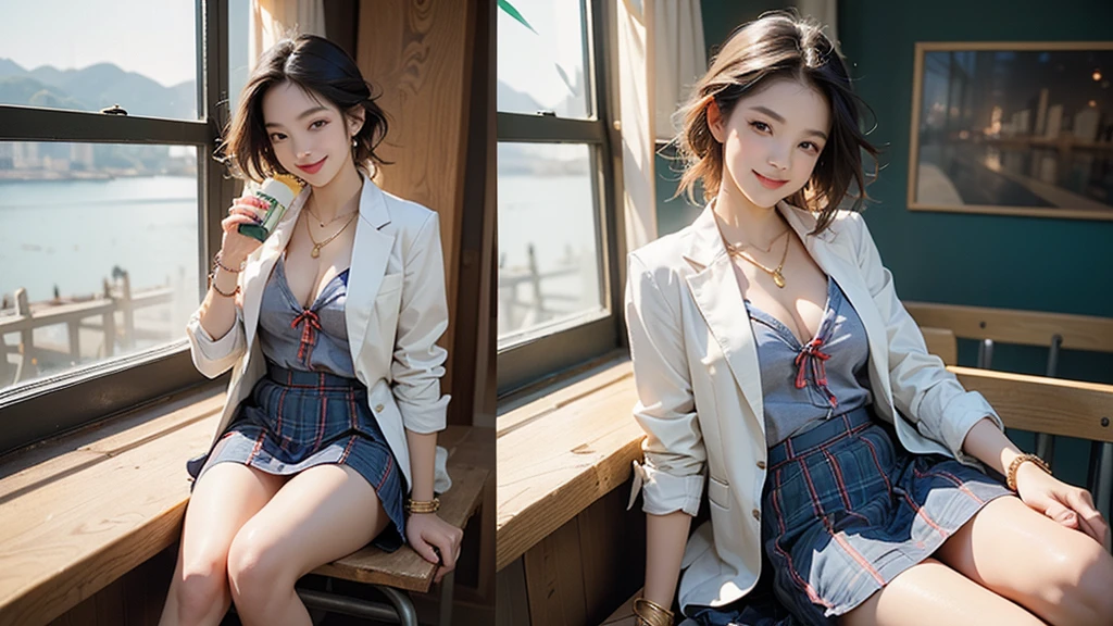 8K、RAW Photos、Highest quality、Super detailed、Super Resolution、Ultra HD、8K壁紙、Amazing details blazer uniform girl ((White blouse with formal collar, Blue Blazer,
Red Check Skirt, Red checkered ribbon on blouse)), Complete limbs, Full Finger,
(((((Starbucks)))))、((((Park bench with sea view))))(( female student))、( cake、Drink coffee、smile)))))、(((Heart Necklace、Gold bracelet)))
(((Emphasize cleavage)))
(((((Woman sitting at the window seat)))))
((((Full body photo、The whole body is visible、Full body portrait))))