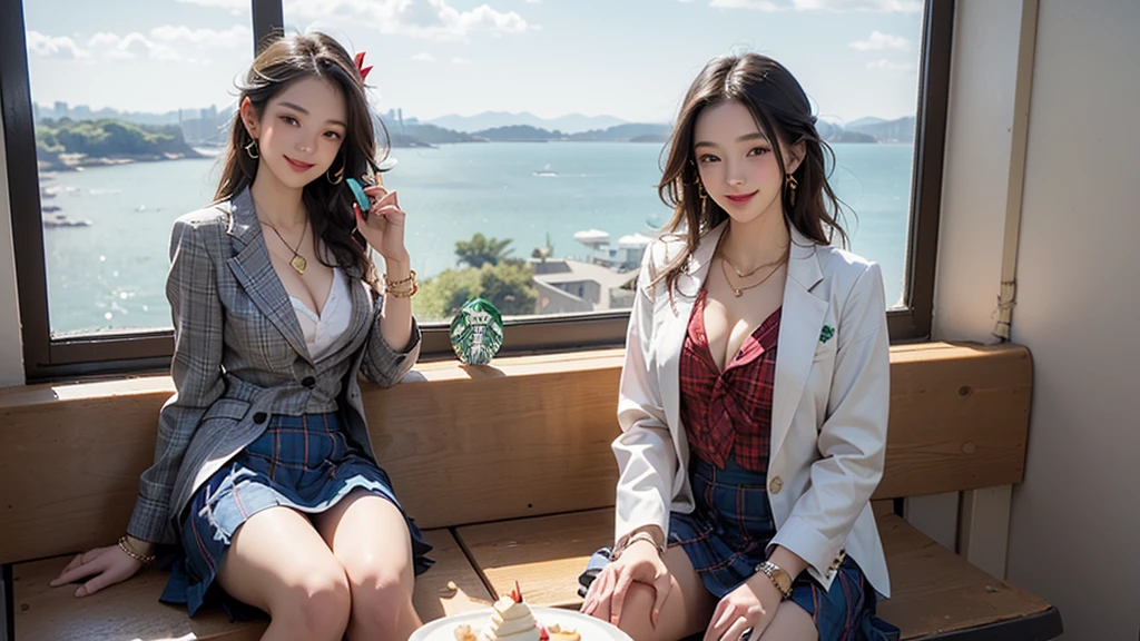 8K、RAW Photos、Highest quality、Super detailed、Super Resolution、Ultra HD、8K壁紙、Amazing details blazer uniform girl ((White blouse with formal collar, Blue Blazer,
Red Check Skirt, Red checkered ribbon on blouse)), Complete limbs, Full Finger,
(((((Starbucks)))))、((((Park bench with sea view))))((16 year old female student))、(((((Eat cake、Drink coffee、smile)))))、(((Heart Necklace、Gold bracelet)))
(((Emphasize cleavage)))
(((((Woman sitting at the window seat)))))
((((Full body photo、The whole body is visible、Full body portrait))))
