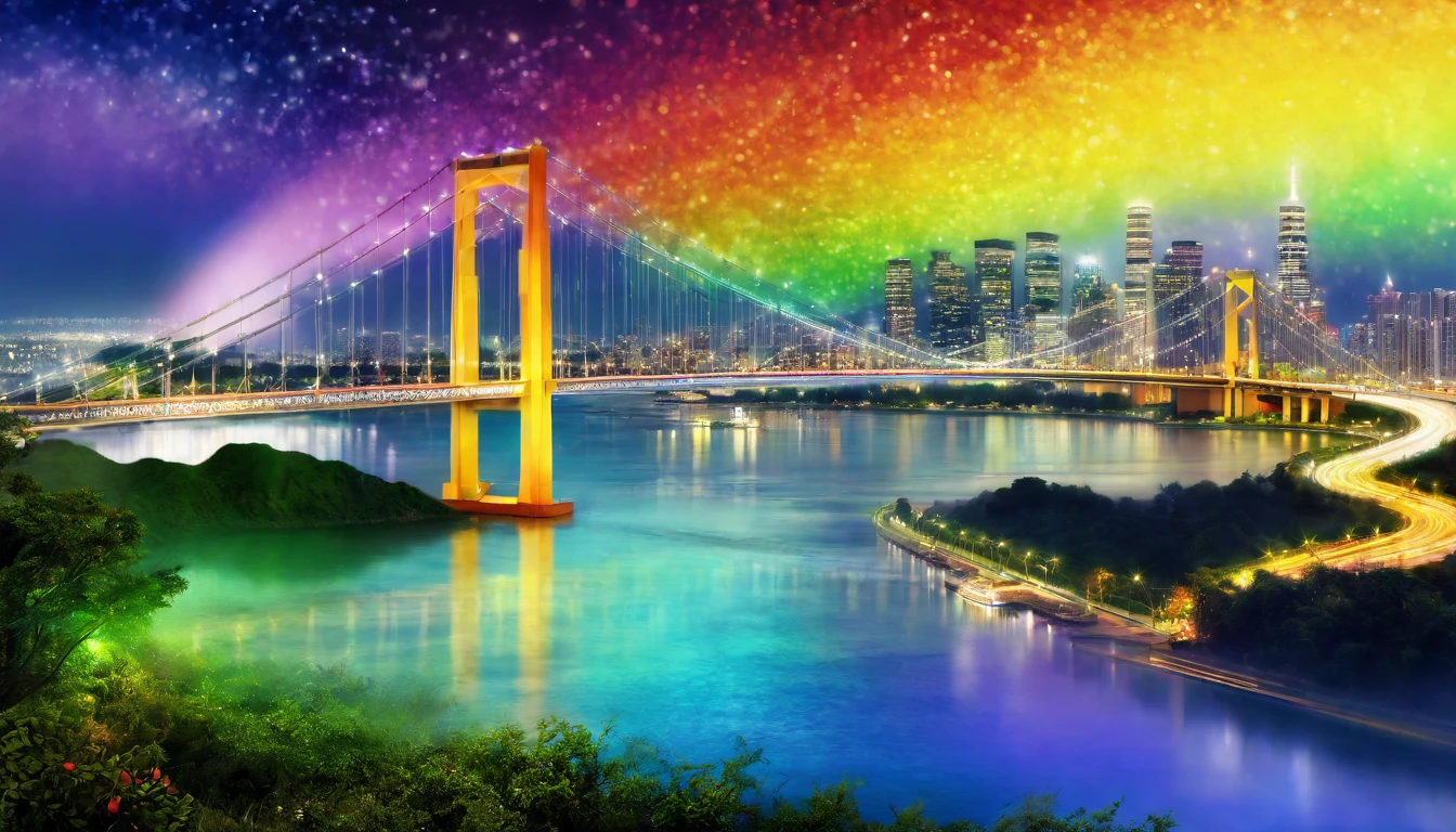Rainbow Bridge,night,Blur the background,Glitter effect,Highest quality, 8K, High resolution, masterpiece:1.2, Very detailed, Realistic:1.37, High resolution, 超High resolution, Ultra-fine painting, Very detailed, Professional, Vibrant colors