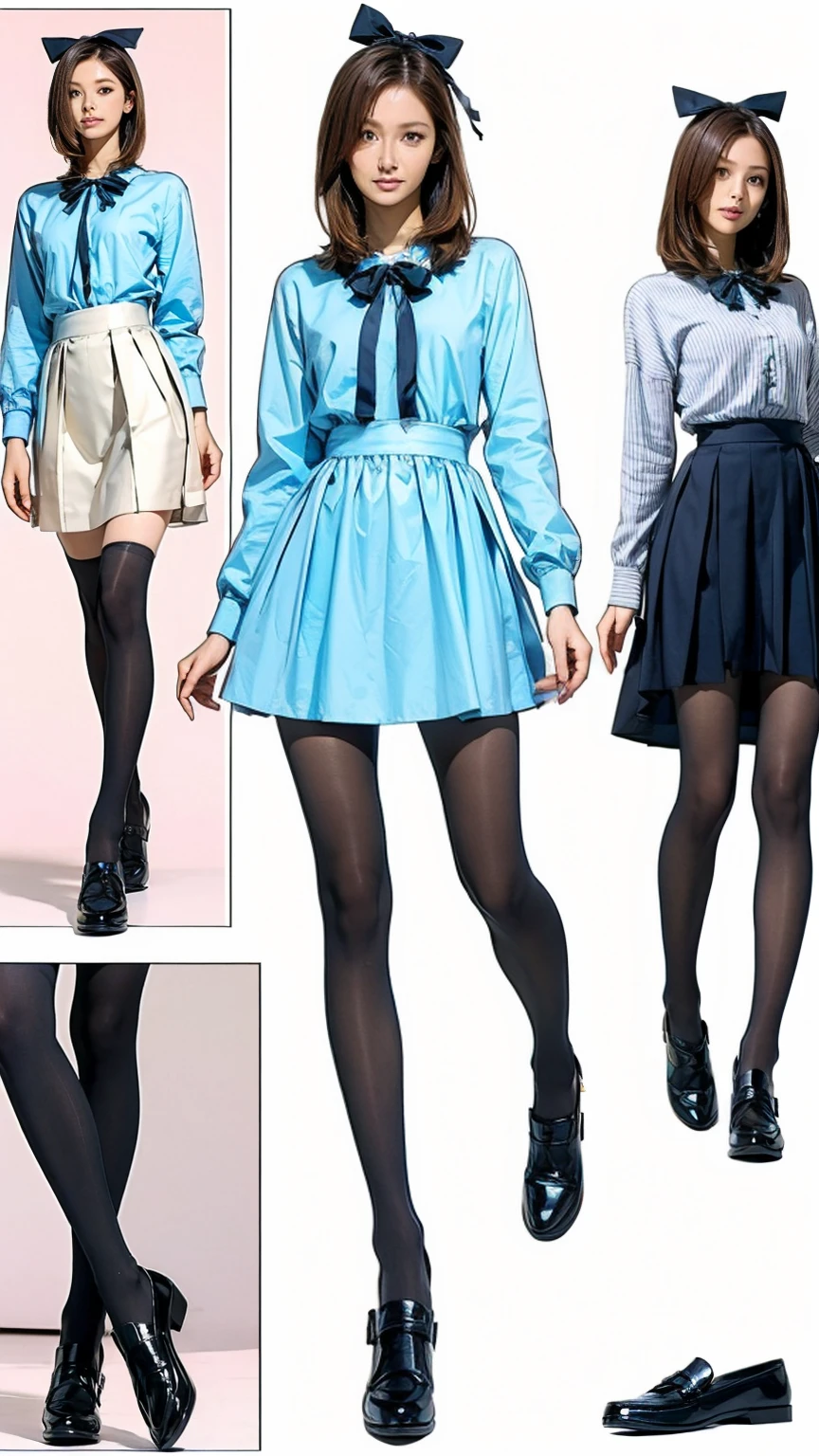 ((masterpiece)),(((Highest quality))),((Character design sheet)),Thin thighs,Long legs,((Alice in Wonderland, wearing a large ribbon on your head,, wear black tights,loafers))、20 year old Japanese woman, (Very slim:1.4)、Low - Angle,Walking:1.5,