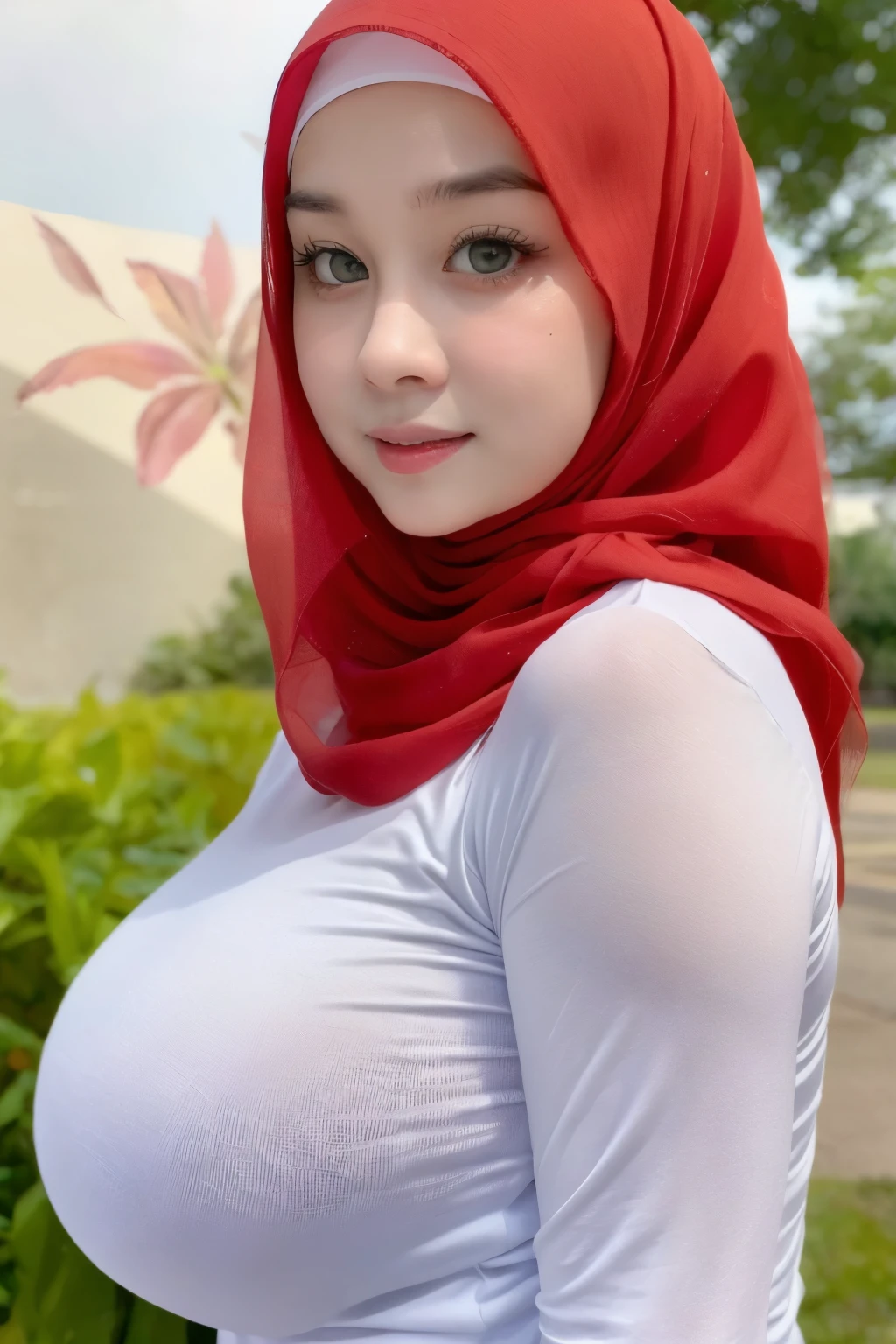 Jumbo (Bbw Chubby & Fatty), adorable, 1 girl, (face to face), , baby face, happy, half body portrait, (face details: 1), (eye details: 1), ((big breasts)). wearing transparent transparency soft long shirt, hijab, .. Cute posed. proportional body. Ultra High Res. realistic: 1.4, UHD, (floral pattern), view from side seductive pose