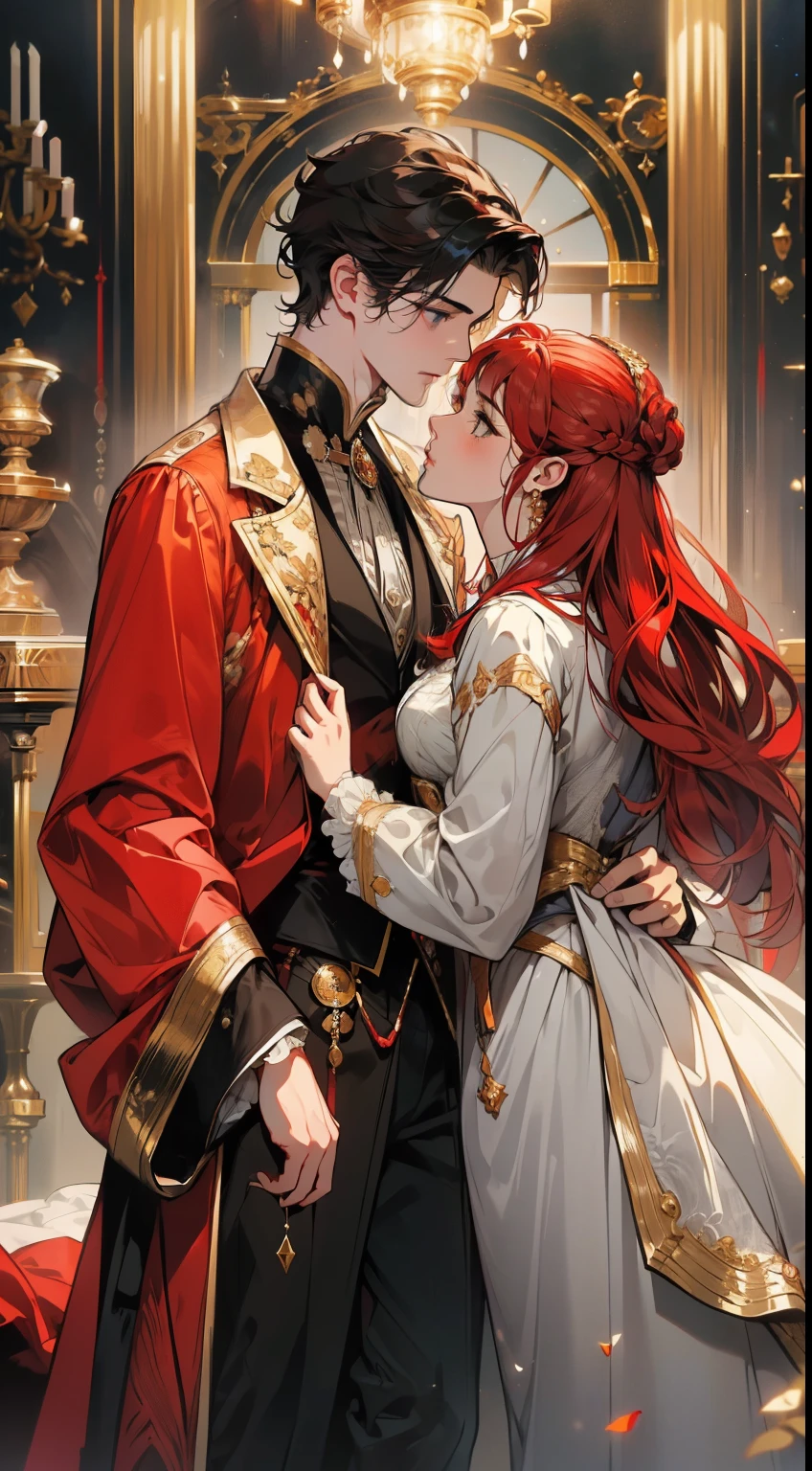 ((Master Pieces)), best qualityer, outstanding illustration, a couple kissing, softfocus, 1 boy with short black hair, blue colored eyes, 1 girl with long, wavy red hair, golden yellow eyes, Victorian Clothes, Victorian romanticism, opulent and exquisite atmosphere, soft light and warm lighting.