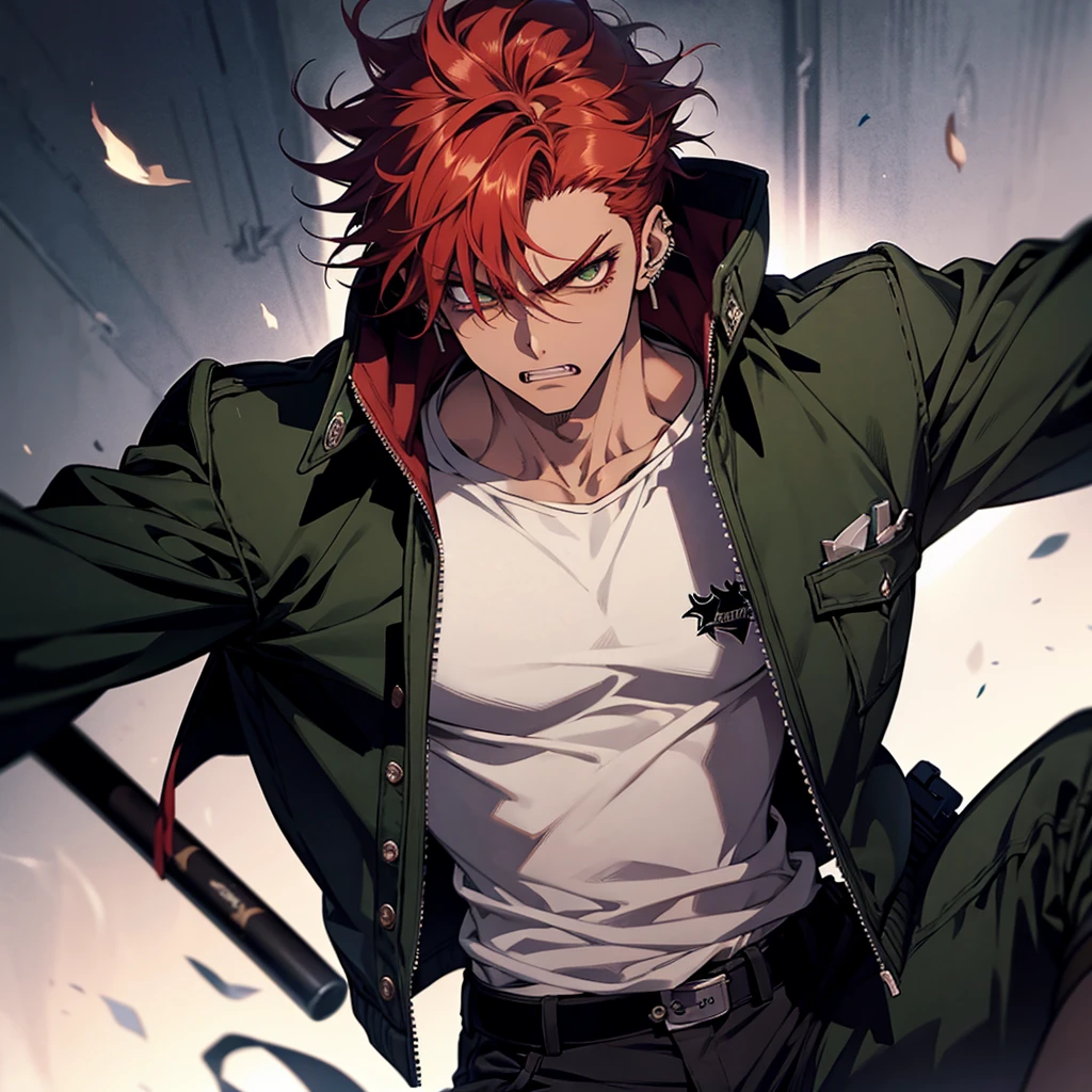 1 male, anime boy, delinquent, red hair, green eyes, dark tanned skin, piercings, pointy teeth, angry face, muscly, baseball bat, gakuran jacket 