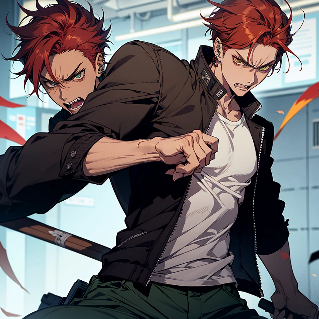 1 male, anime boy, delinquent, red hair, green eyes, dark tanned skin, piercings, pointy teeth, angry face, muscly, baseball bat, gakuran jacket