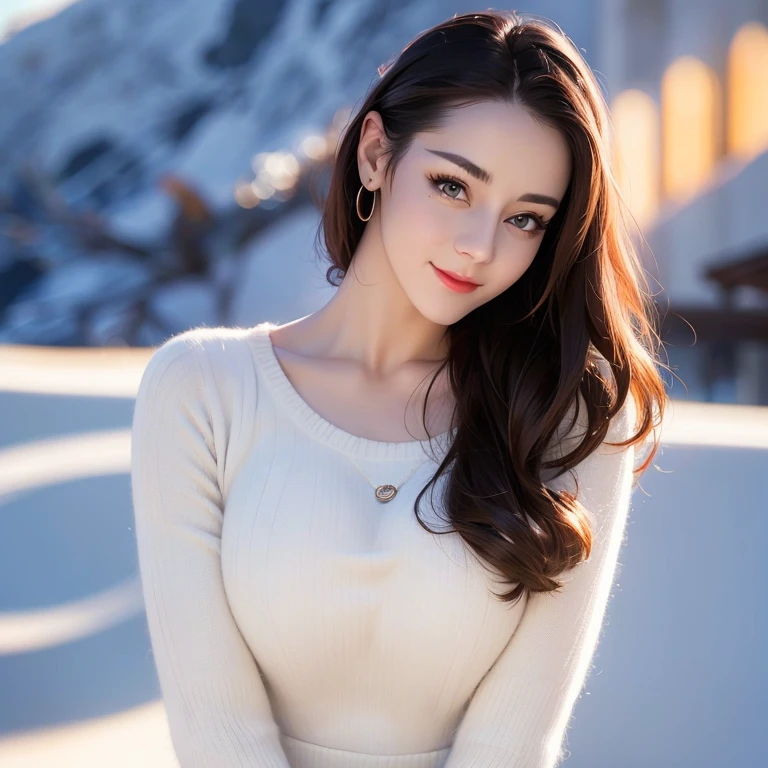 ((Top quality、8K、masterpiece:1.3))、Very pretty beautiful girl,full-body shot,Huge breasts,Breast enlargement, (((Full and soft breasts,)))(((Huge breasts))) (((Cleavage))) (Perfect curvy figure),Amazing breast size,G cup,Half breast exposed。Wear big earrings,The skin is so white,Hydrating red lips,Very thin waist,Very thin thighs,Big Ass,Fair and smooth skin,Smooth and fair skin,Flawless skin,Fair and shiny skin,Cool white skin,Camera focuses on breasts,Bright Light,White sweater,Lower body exposed,White hair,White hair,Blizzard,Snow Mountain,Sunset,lake,sweet smile,Mouth slightly open