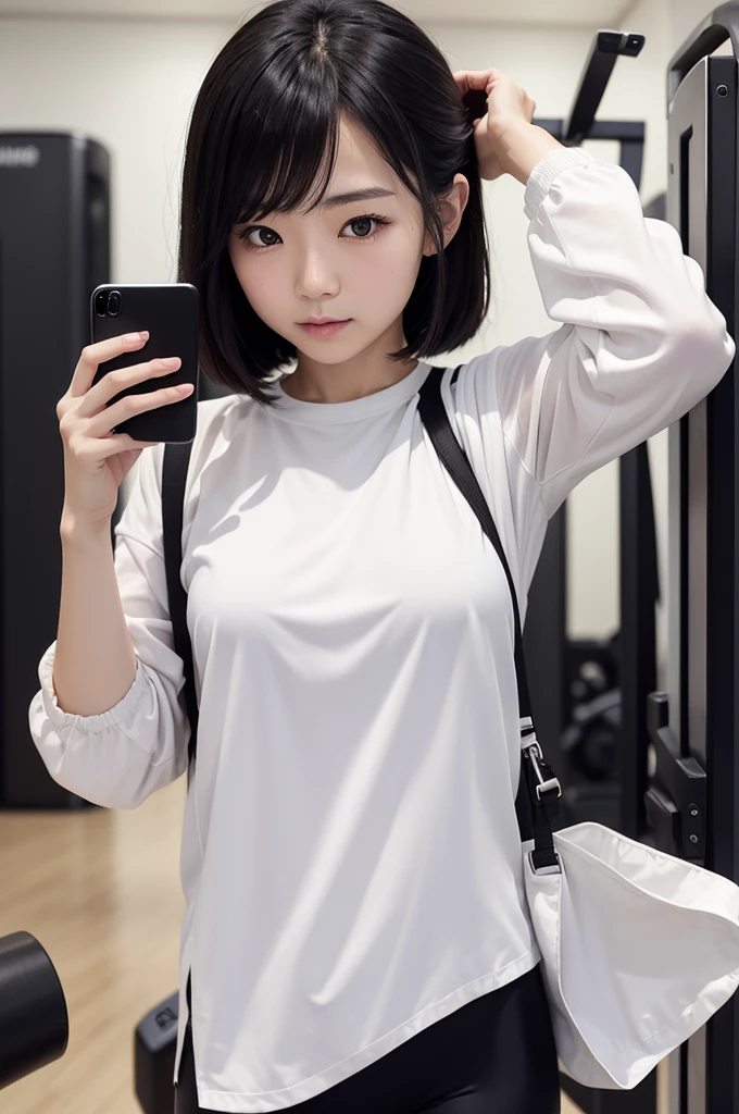 Japanese woman in white blouse and short black leggings taking a photo with iPhone 15 pro max at the gym