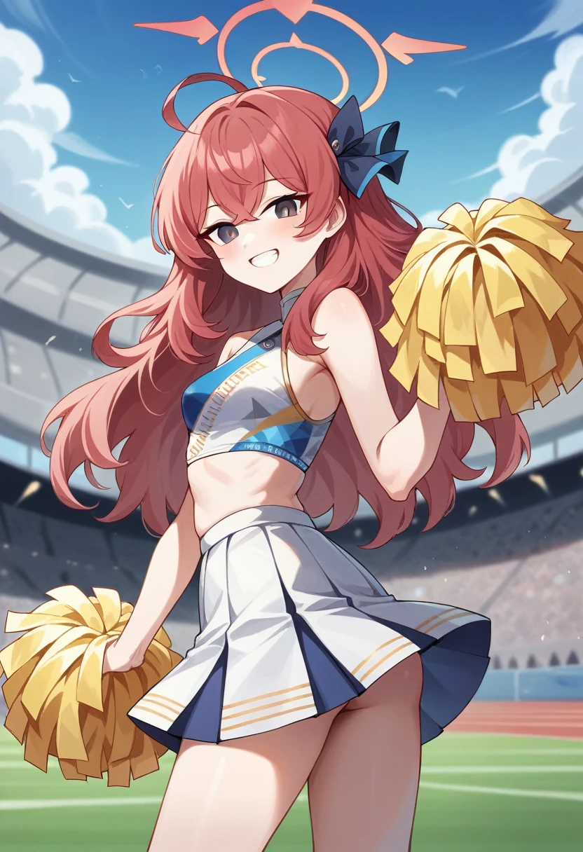1girl, erere, absurdres, official art, absurdres, blue archive, iroha (blue archive), alternate costume, black eyes, blue halo, blue sky, blurry, breasts, cheerleader, depth of field, grin, halo, hand up, holding, holding pom poms, long hair, looking at viewer, looking back, millennium cheerleader outfit (blue archive), outdoors, pleated skirt, pom pom (cheerleading), red hair, skirt, sky, small breasts, smile, solo, stadium, standing, white skirt, ((very aesthetic, best quality, ultra detailed))
