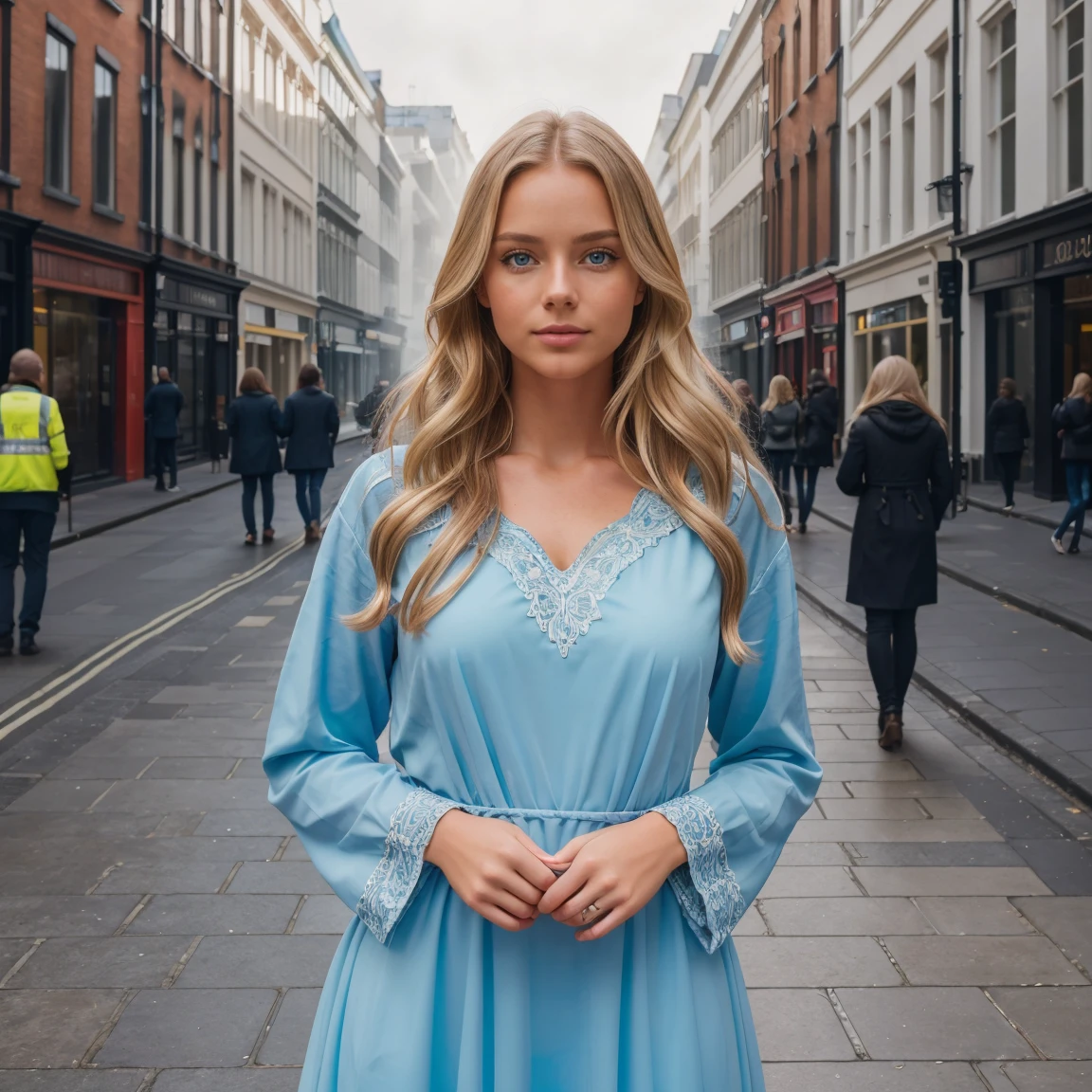 professional portrait photograph of a gorgeous 18 year,Norwegian girl Lise Olsen in london with long wavy blonde hair,blue eye,happy,sultry flirty look, gorgeous symmetrical face, cute natural makeup, wearing beautiful red gown, ((standing outside in city street)), stunning modern urban environment, ultra realistic, concept art, elegant, highly detailed, intricate, sharp focus, depth of field, f/1. 8, 85mm, medium shot, mid shot, (((professionally color graded))), bright soft diffused light, (volumetric fog), trending on instagram, hdr 4k, 8k
