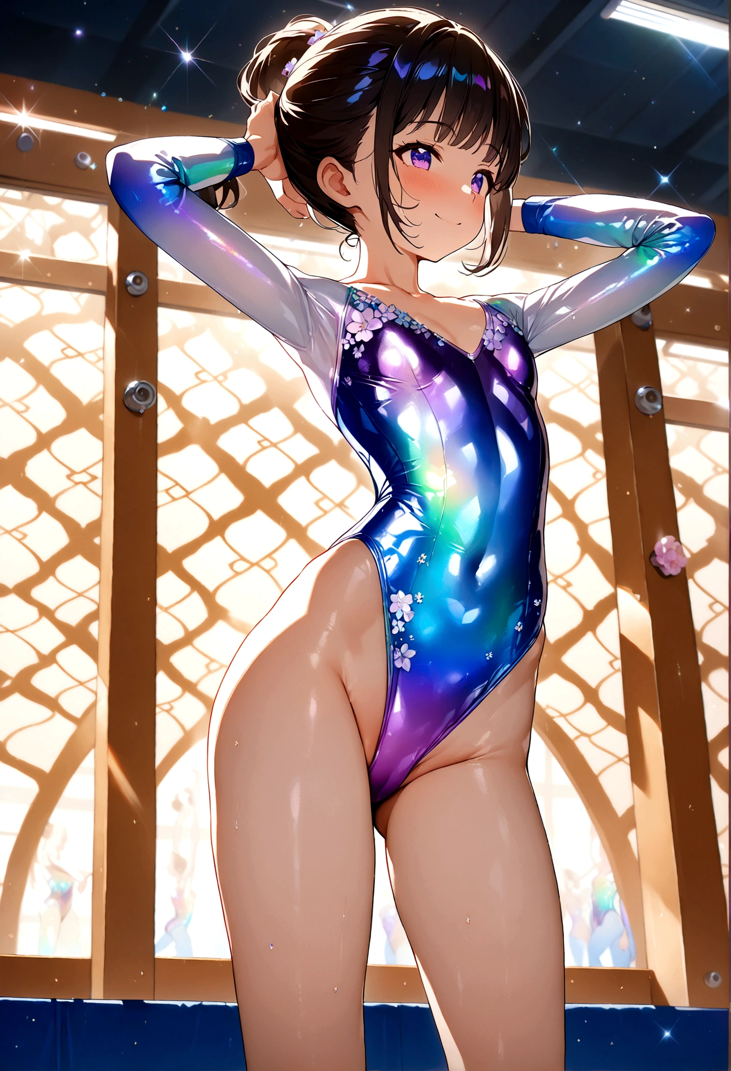 highquality illustration, masterpiece, very delicate and beautiful, attractive girl,(gymnastics leotard, Floral patterns leotard,long sleeve leotard with glittery decoration,high_leg leotard,athletic leotard,tight-fit leotard,iridescent gradient leotard),thin,slender body,slim,high school,gymnasium background,gymnastics club,gymnastics athlete,princess, beautiful eyes,light smile,(masterpiece, best quality:1.2), highres, extremely detailed CG unity 8k wallpaper, perfect lighting, Colourful, ultra-high res,4K,ultra-detailed, photography, 8K, HDR, ages,