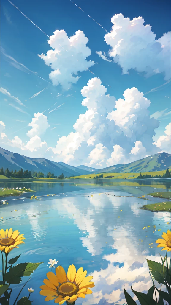Summer, meadows, a few small flowers, clear lakes, sheep, heaven, large clouds, blue sky, hot weather, HD detail, hyper-detail, cinematic, surrealism, soft light, deep field focus bokeh, distant vistas are snowy mountains, ray tracing, and surrealism. --v6