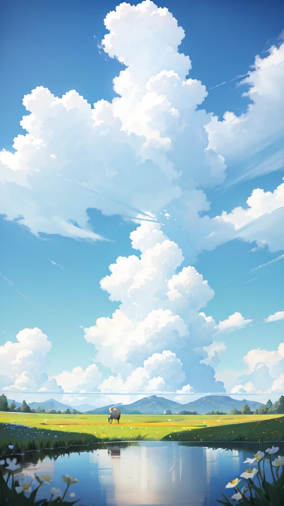 Summer, meadows, a few small flowers, clear lakes, sheep, heaven, large clouds, blue sky, hot weather, HD detail, hyper-detail, cinematic, surrealism, soft light, deep field focus bokeh, distant vistas are snowy mountains, ray tracing, and surrealism. --v6