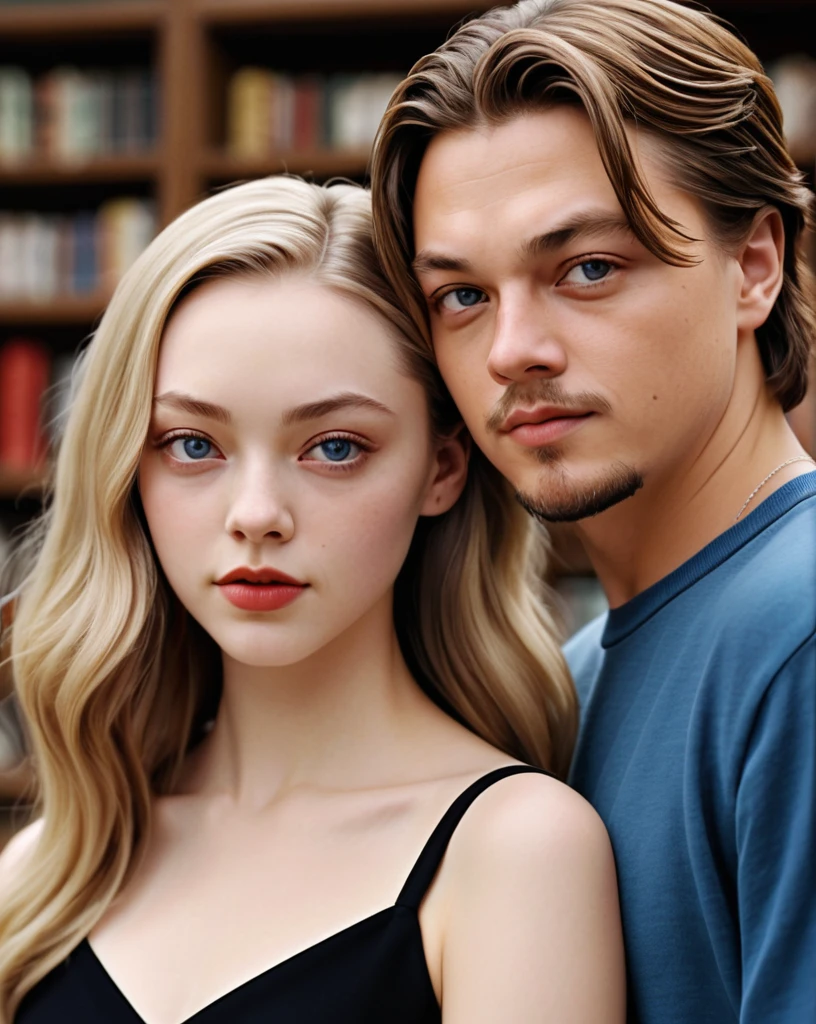 ((A couple in love)) a young man of with bright blue eyes, light brown hair, physical resemblance to Leonard Dicaprio, a 16-year-old y wut a rd or mustache, dressed in a red spider-man sweatshirt, short hair hairstyle, standing next to his beautiful blonde-haired girlfriend with bright, slightly dark blue eyes and a physical resemblance to 16-year-old Amanda Serieessed a black dress, an unreal engine 5, octane renderer, background of a bookstore, detailed hair and eyes, beautiful real faces, Detailed faces with physical resemblances to actors Leonardo Dicaprio and Amanda Seyfried, Beautiful hair, they both smile, beautiful portrait con detalles, hair with many details, 8k Artgerm bokeh, IG model | Artgerm, detailed portrait, stunning holding portrait of a realistic face, beautiful portrait, deviantart artstation cgscosiety, realistic cinematic portrait, high quality portrait, elegant digital painting, Artistic style